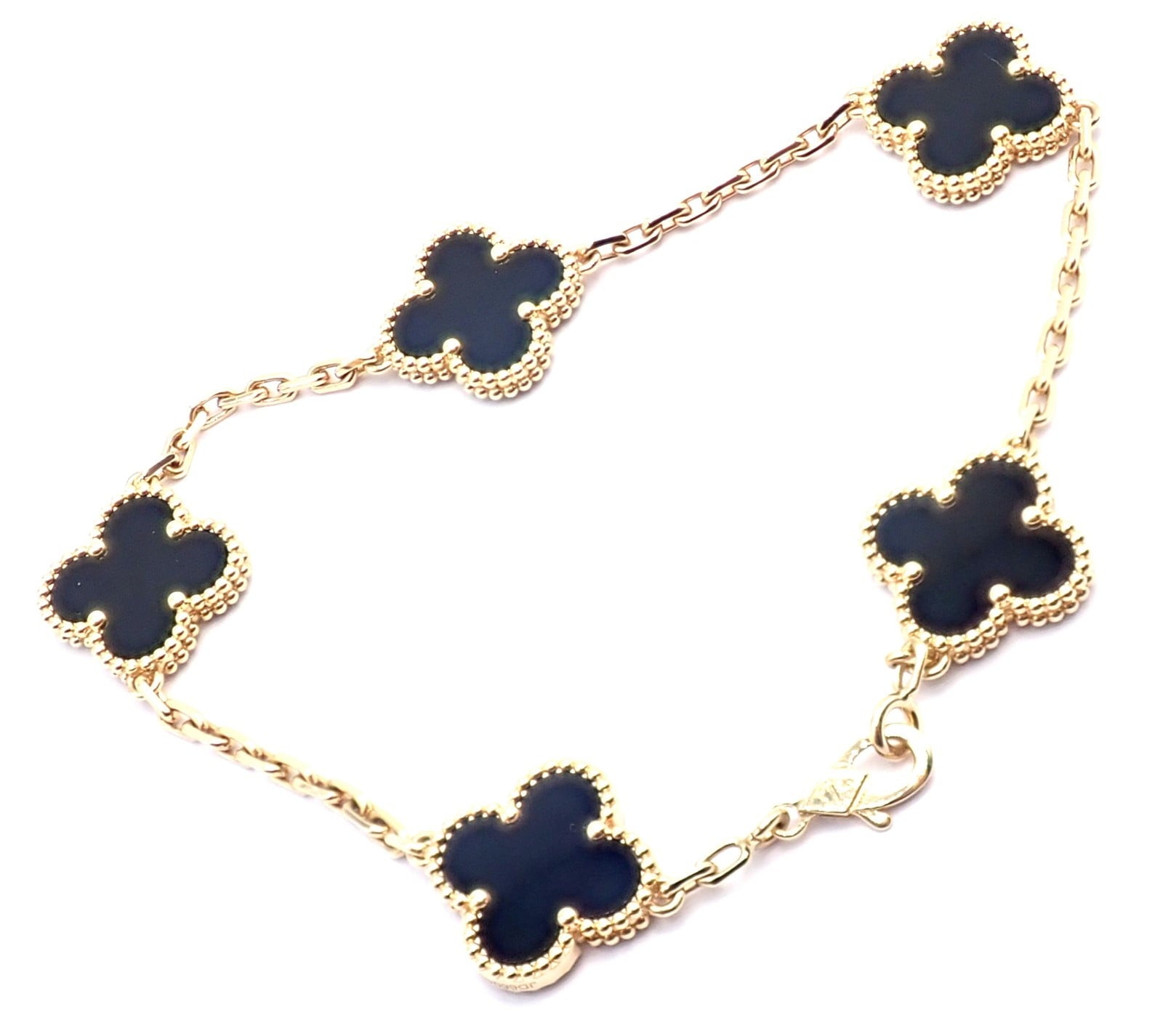 Authentic! Van Cleef & Arpels 18k Yellow Gold 5 Motif Onyx Alhambra Bracelet | Fortrove