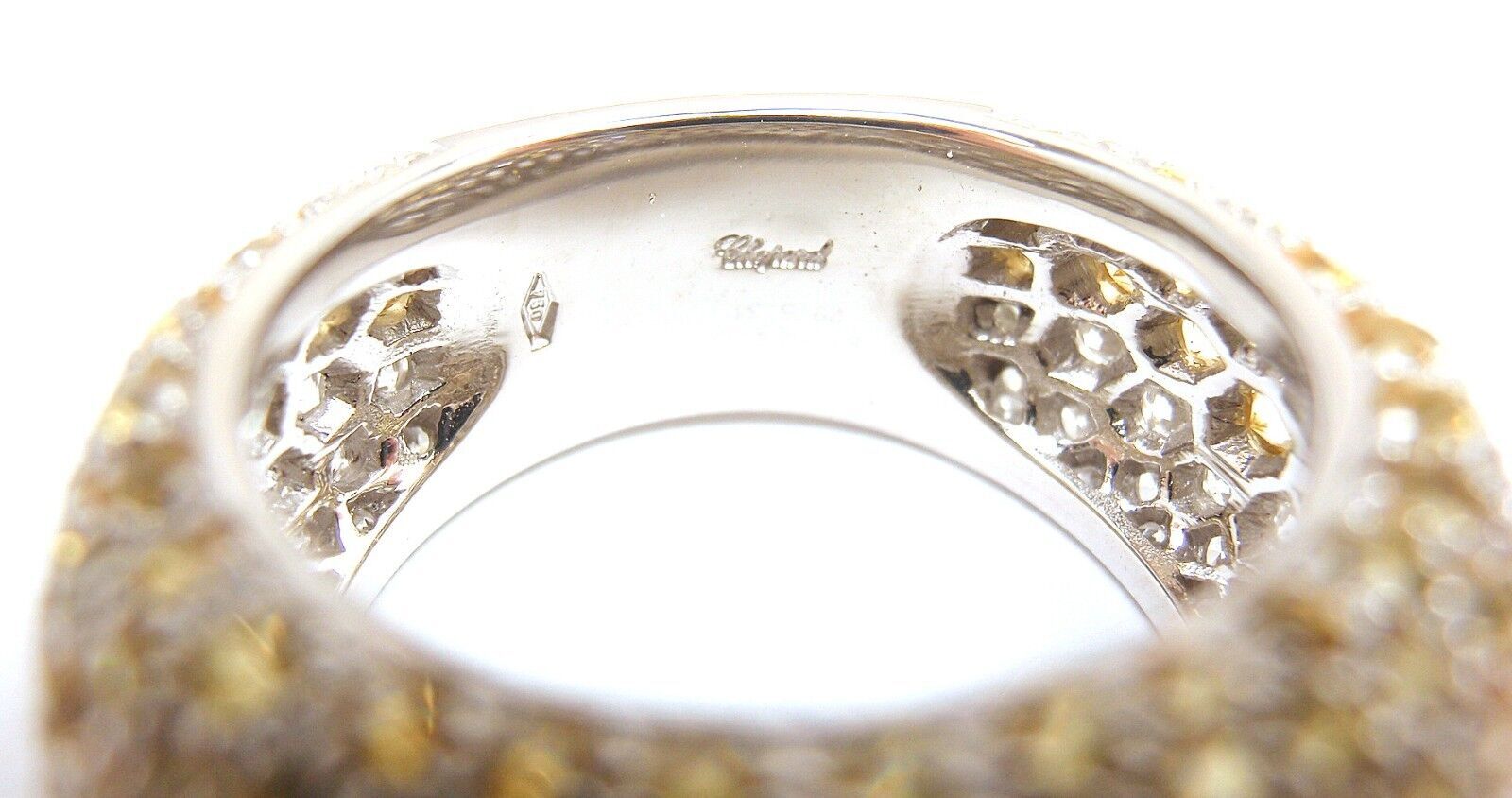 Authentic! Chopard 18k White Gold Yellow Sapphire Diamond Wave Wide Band Ring | Fortrove