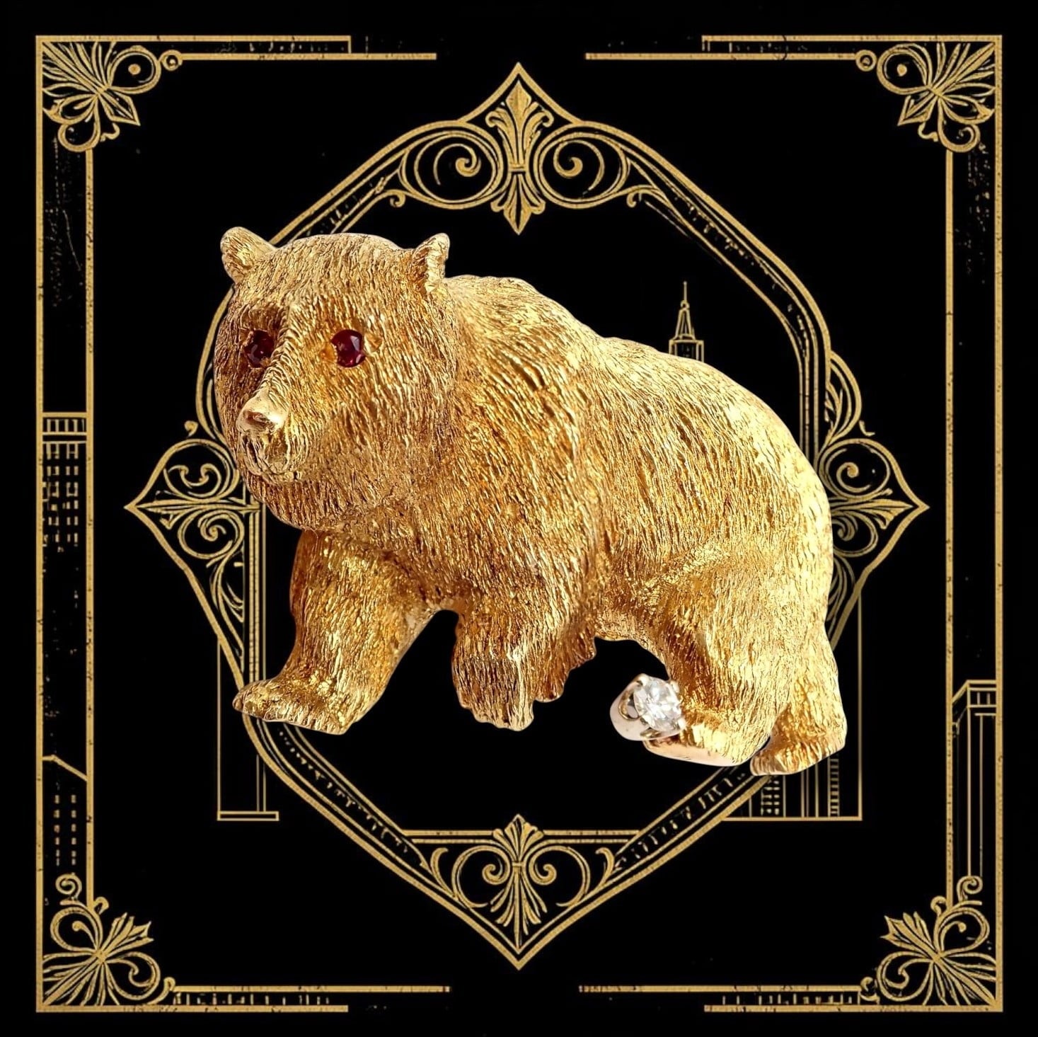 Tiffany & Co. Jewelry & Watches:Fine Jewelry:Brooches & Pins Vintage! Tiffany & Co. 18k Yellow Gold Diamond Ruby Bear Stock Market Pin Brooch