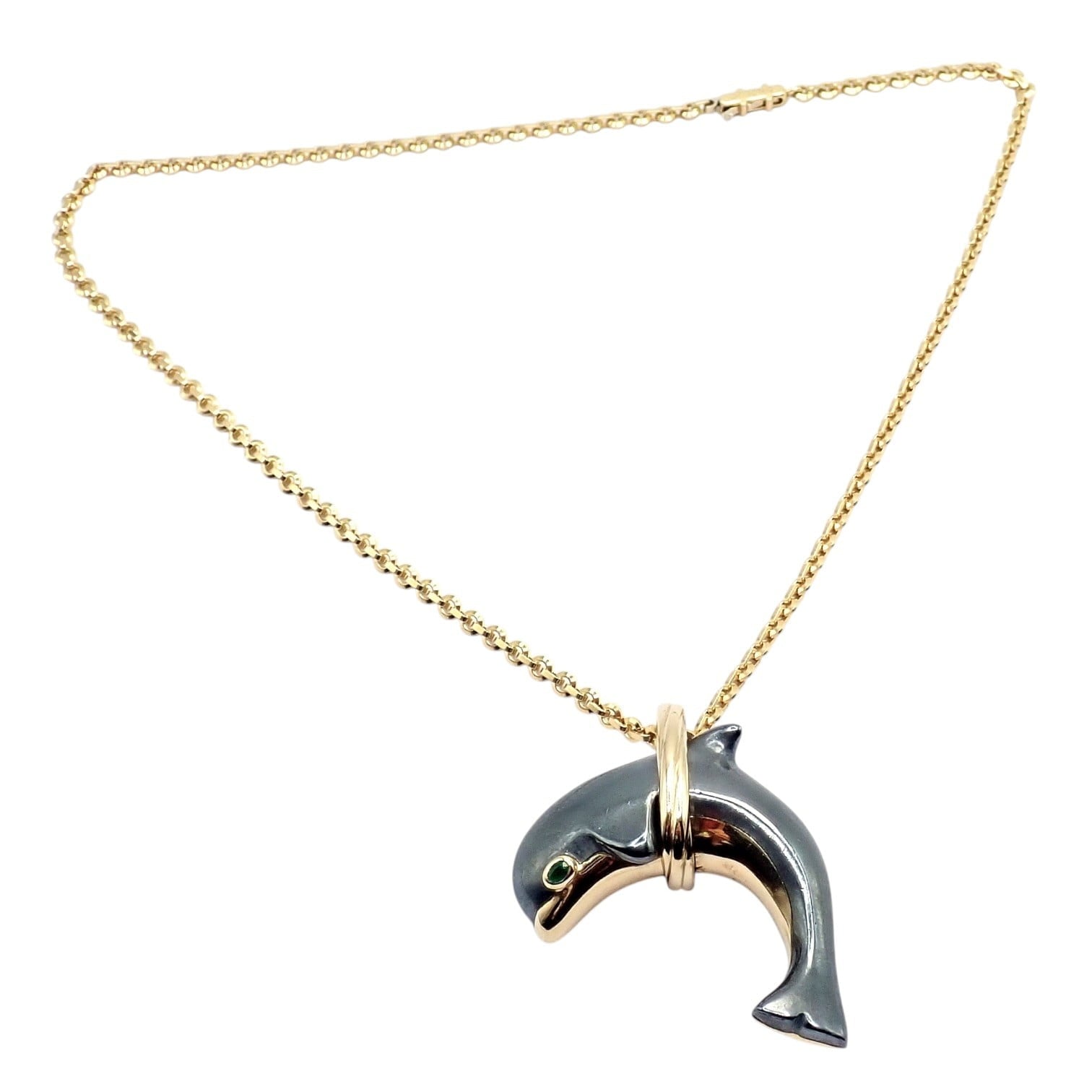 Rare! Authentic Cartier 18k Yellow Gold Hematite Dolphin Pendant Link Necklace | Fortrove