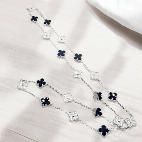 Van Cleef & Arpels Jewelry & Watches:Fine Jewelry:Necklaces & Pendants Van Cleef & Arpels 18k White Gold 20 Motif Alhambra Diamond Black Onyx Necklace