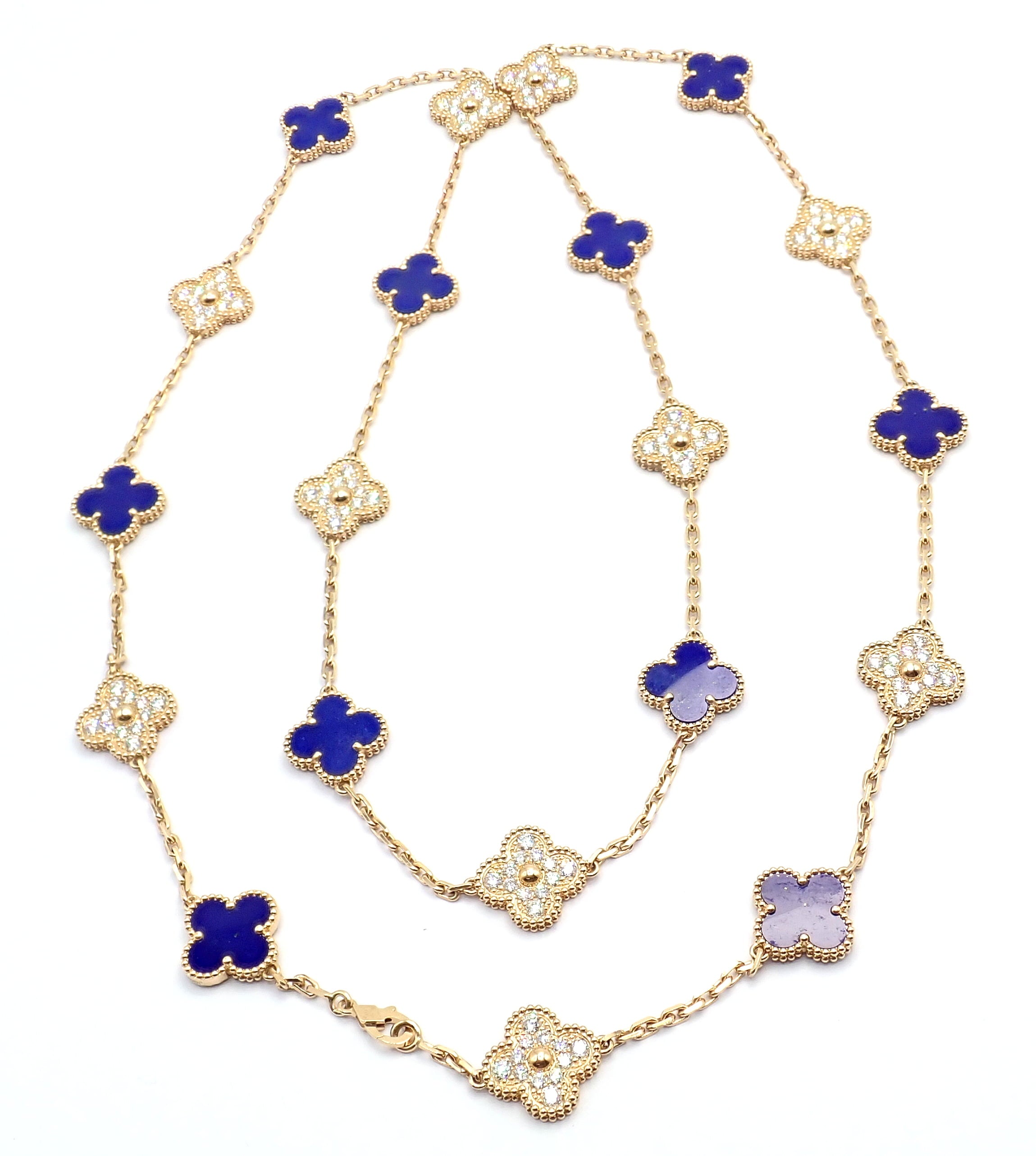 Van Cleef & Arpels Jewelry & Watches:Fine Jewelry:Necklaces & Pendants Van Cleef & Arpels 18k Yellow Gold 20 Motif Alhambra Diamond Lapis Necklace