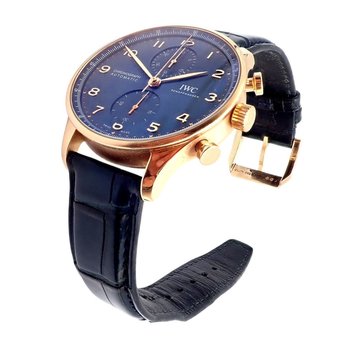 IWC Jewelry & Watches:Watches, Parts & Accessories:Watches:Wristwatches IWC 18k Rose Gold Portugieser Chronograph Navy Blue Skeleton Back Watch IW371614