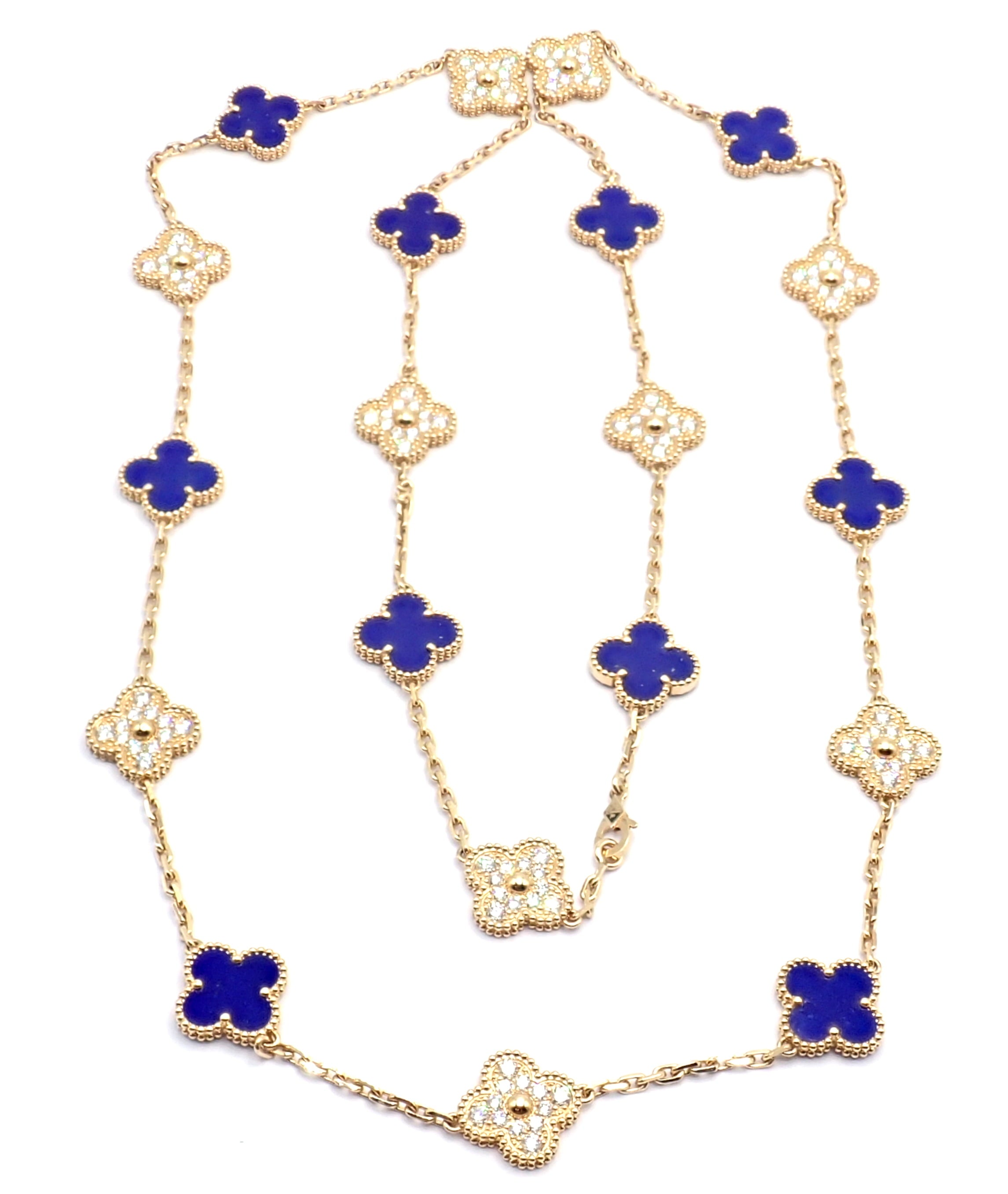 Van Cleef & Arpels Jewelry & Watches:Fine Jewelry:Necklaces & Pendants Van Cleef & Arpels 18k Yellow Gold 20 Motif Alhambra Diamond Lapis Necklace