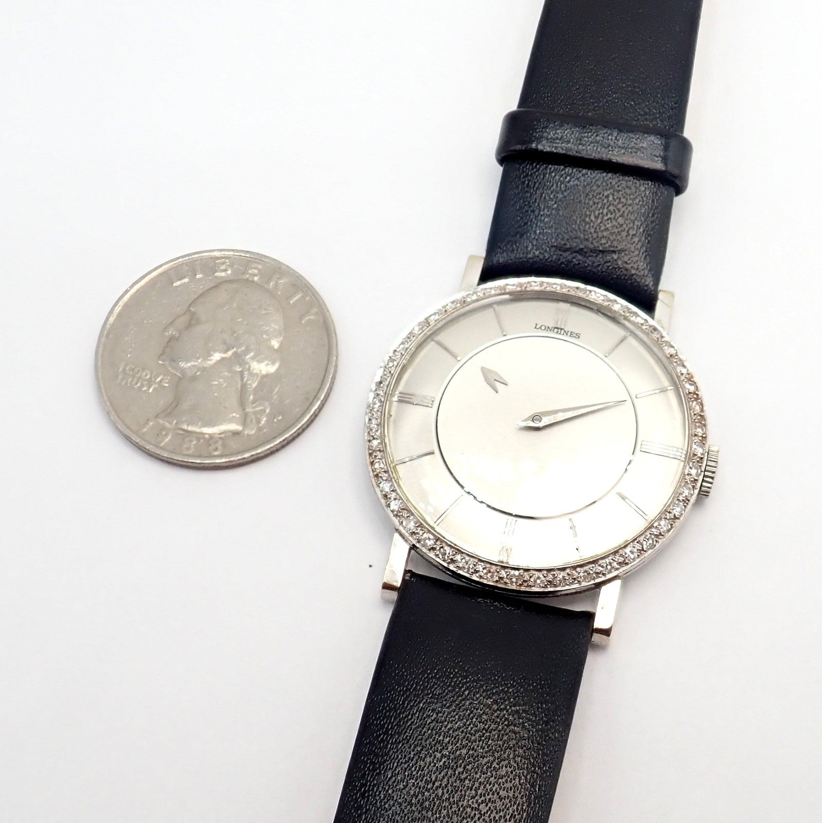 Longines Jewelry & Watches:Watches, Parts & Accessories:Watches:Wristwatches Vintage Longines 18k White Gold Diamond Bezel Manual Wind Mystery Dial Watch