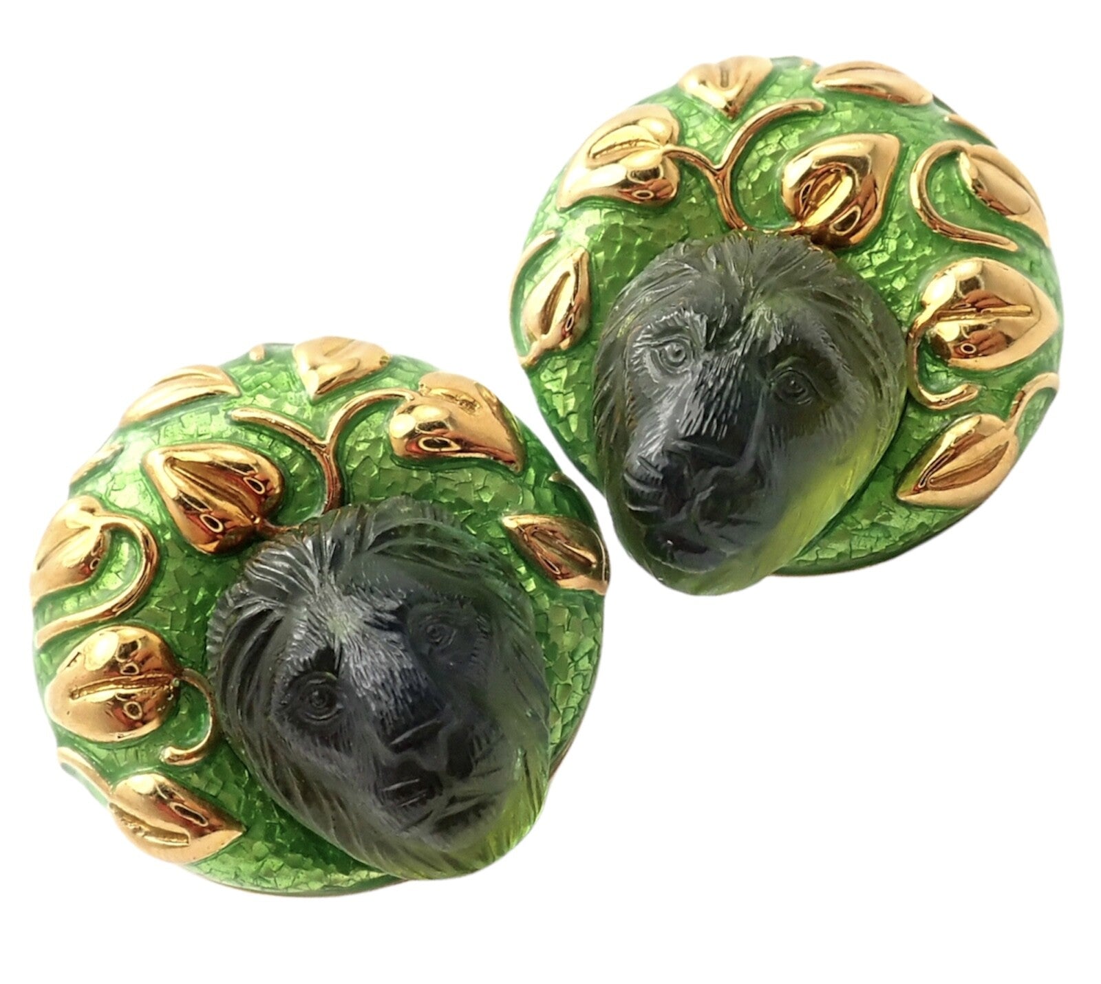 Elizabeth Gage 18k Yellow Gold Carved Green Tourmaline Enamel Lion Earrings | Fortrove