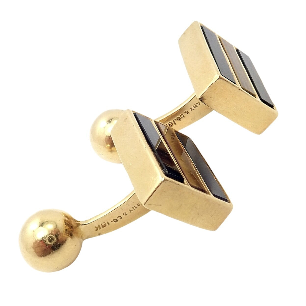 Rare Vintage Tiffany & Co. 18k Yellow Gold Classic Onyx Tiger Eye Cufflinks | Fortrove