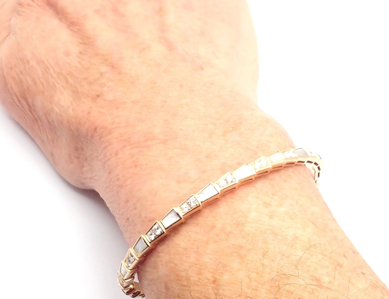 Authentic! Bulgari Bvlgari Serpenti Viper 18k Gold Diamond MOP Bangle Bracelet | Fortrove