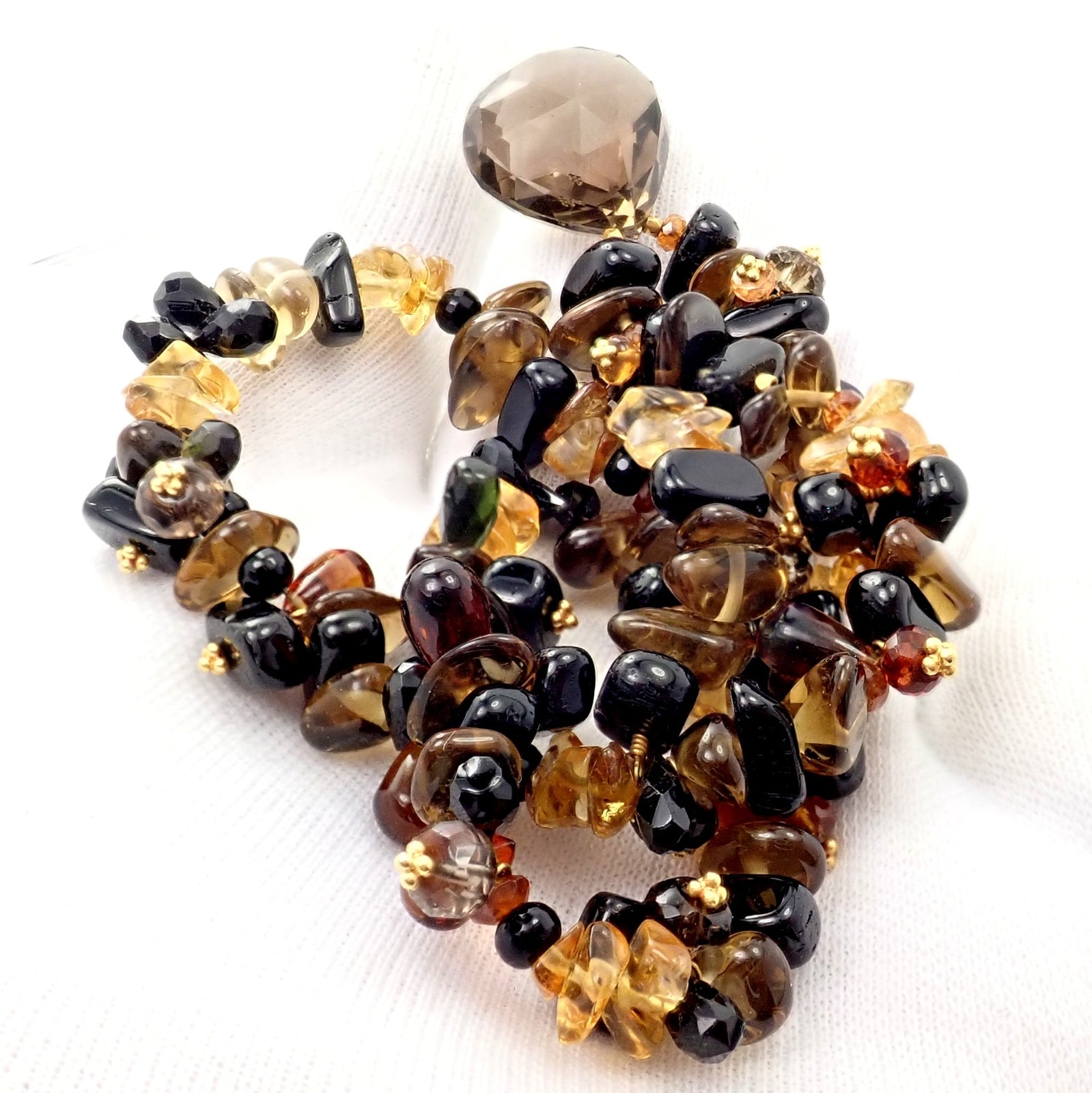 Laura Gibson 18k Yellow Gold Briolette Smokey Topaz Onyx Bead Large Necklace | Fortrove