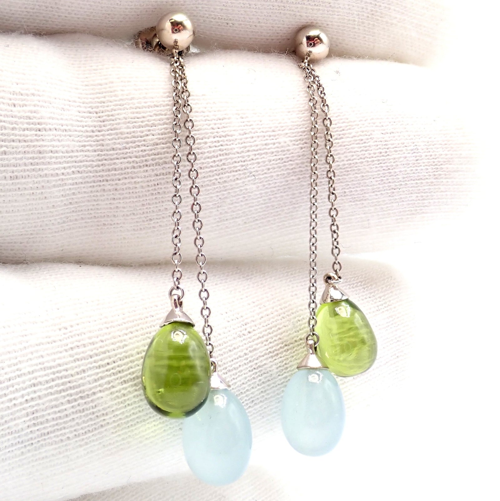 Authentic! Tiffany & Co 18k White Gold Rainbow Drop Peridot Chalcedony Earrings | Fortrove