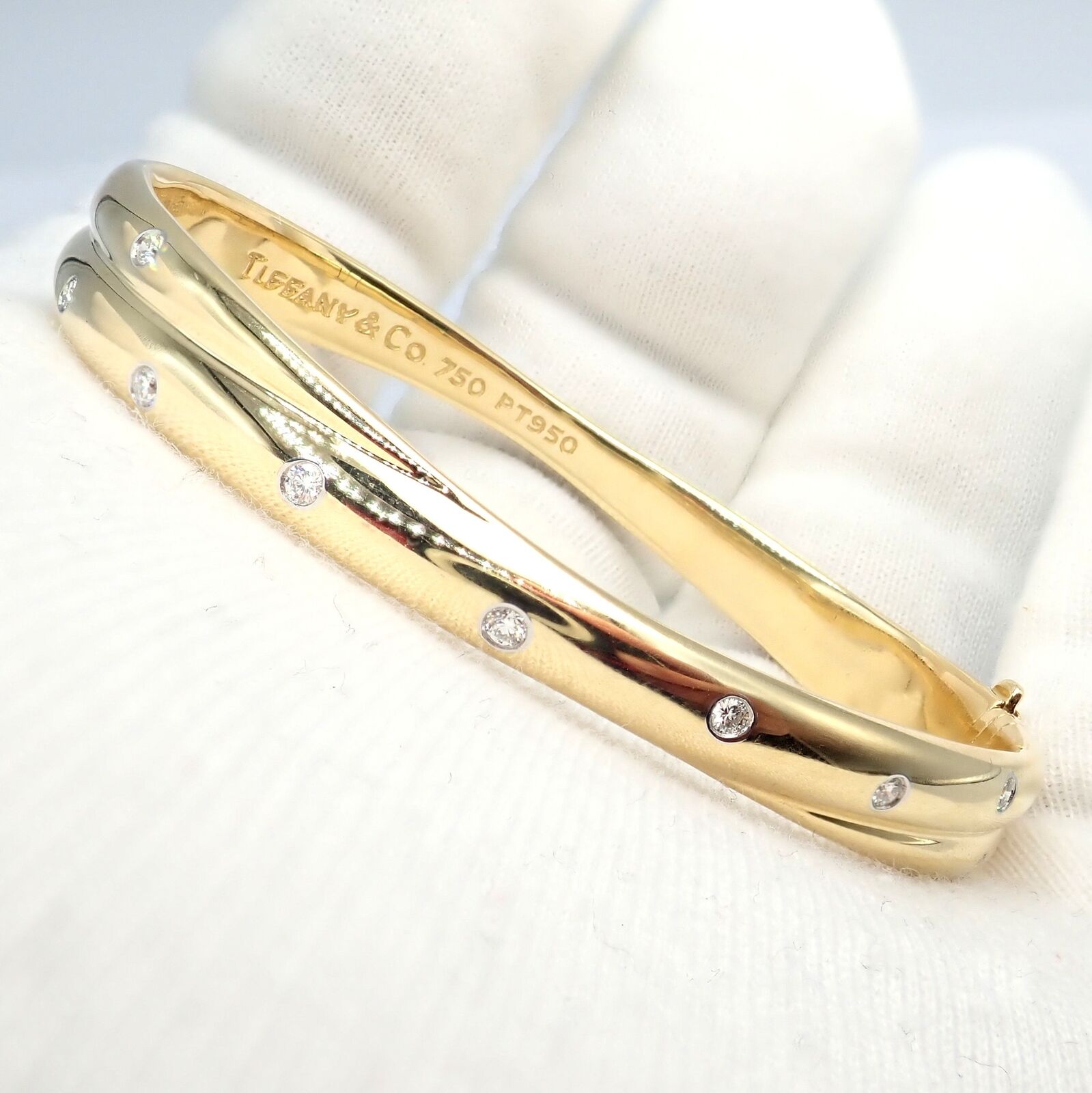 Tiffany & Co. Jewelry & Watches:Fine Jewelry:Bracelets & Charms Tiffany & Co 18k Yellow Gold Platinum Etoile Diamond Crossover Bangle Bracelet