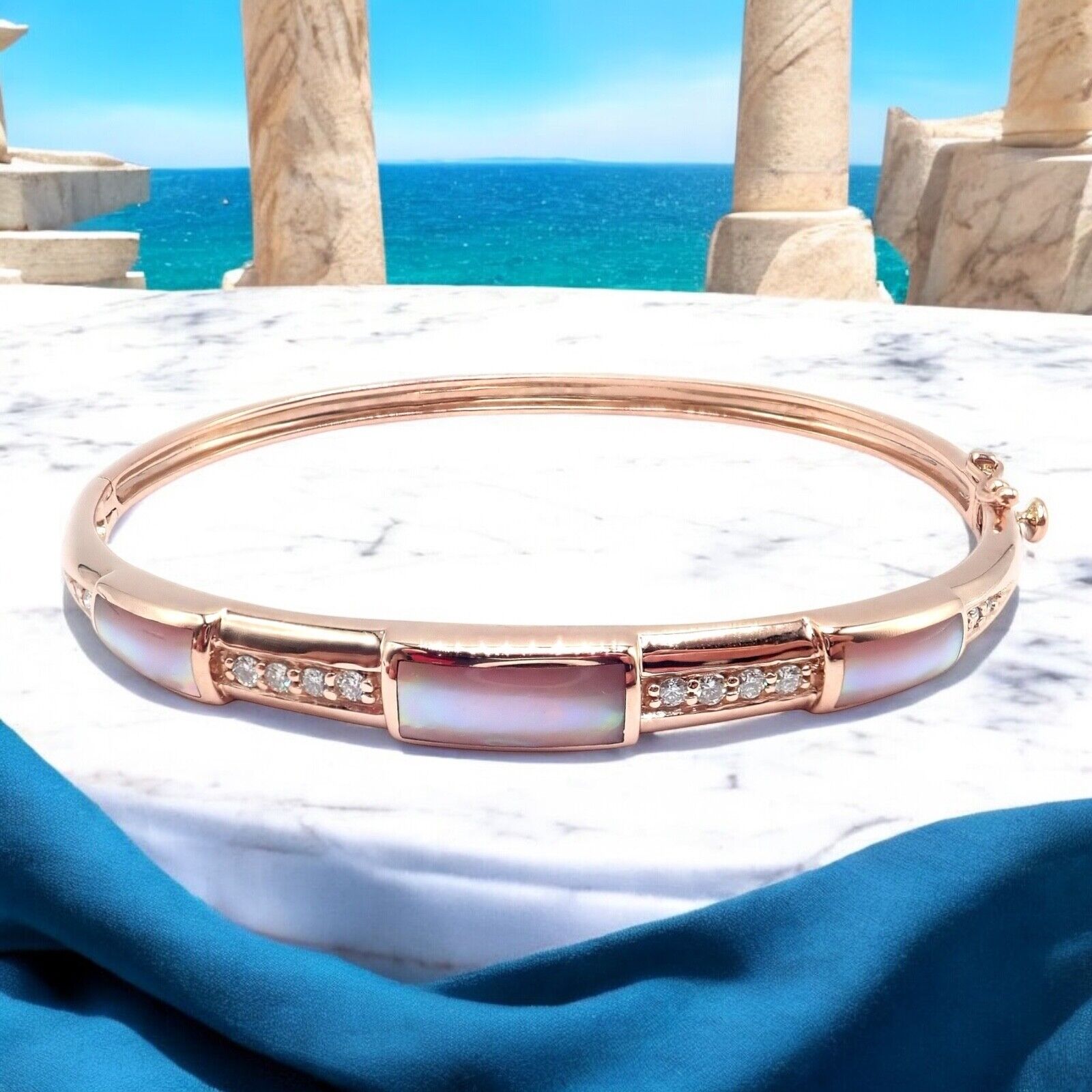 Authentic! Kabana 14k Rose Gold Diamond Mother of Pearl Bangle Bracelet | Fortrove