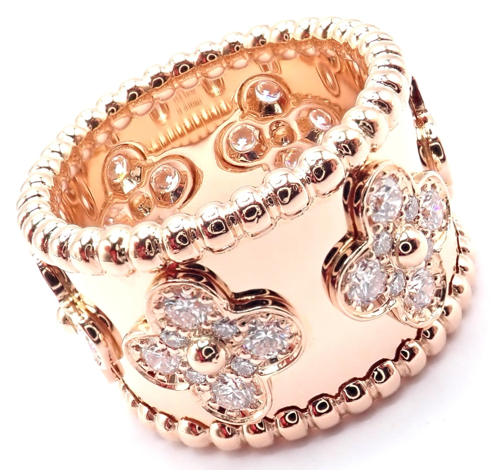 Authentic! Van Cleef & Arpels 18k Rose Gold Diamond Clovers Band Ring Size 50 | Fortrove