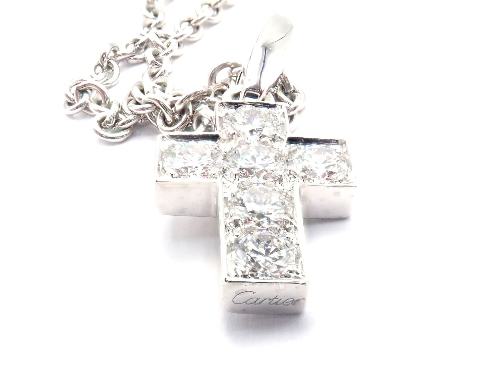 Authentic! Cartier 18k White Gold Diamond Cross Pendant Chain Necklace | Fortrove