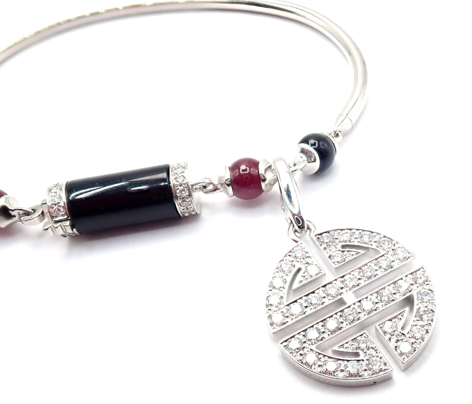 Cartier Le Baiser Du Dragon 18k Gold Diamond Ruby Onyx 2 Charms Bangle Bracelet | Fortrove