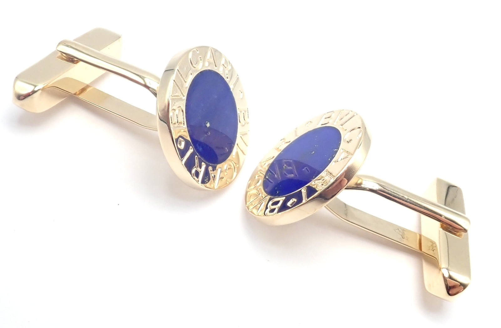 Authentic! Bvlgari Bulgari 18k Yellow Gold Lapis Lazuli Cufflinks