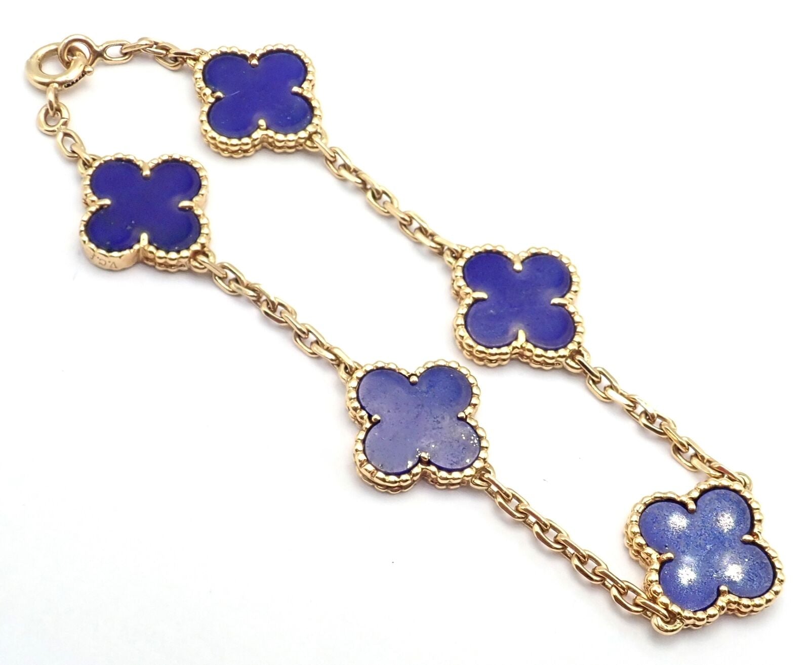 Authentic! Van Cleef & Arpels 18k Gold 5 Motif Alhambra Lapis