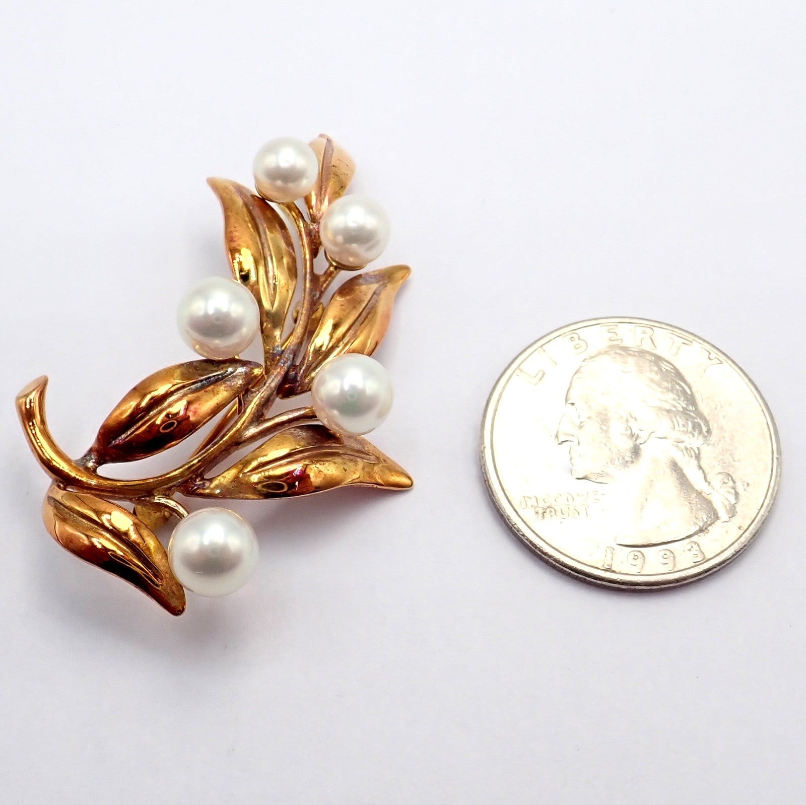 Vintage Tiffany & Co 18k Gold 5 Pearl Leaf Branch Pin Brooch 1987 | Fortrove