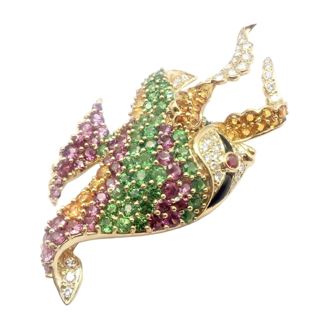 Authentic! Rare Jean Vitau 18k Yellow Gold Diamond Color Stone Angel Fish Brooch | Fortrove