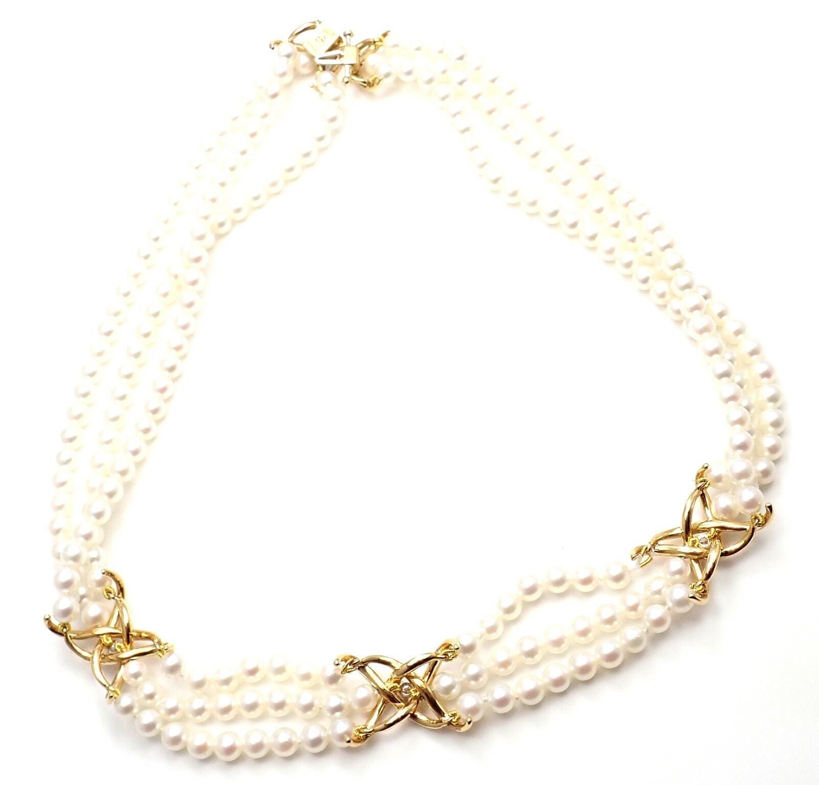 Authentic! Tiffany & Co 18k Yellow Gold Diamond 3 Strand Pearl Necklace | Fortrove