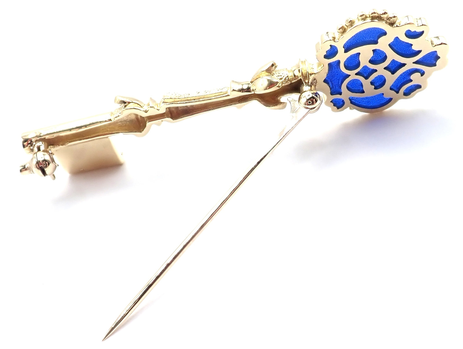 Rare! Authentic Vintage Mikimoto 18k Yellow Gold Key Blue Enamel Brooch Pin | Fortrove