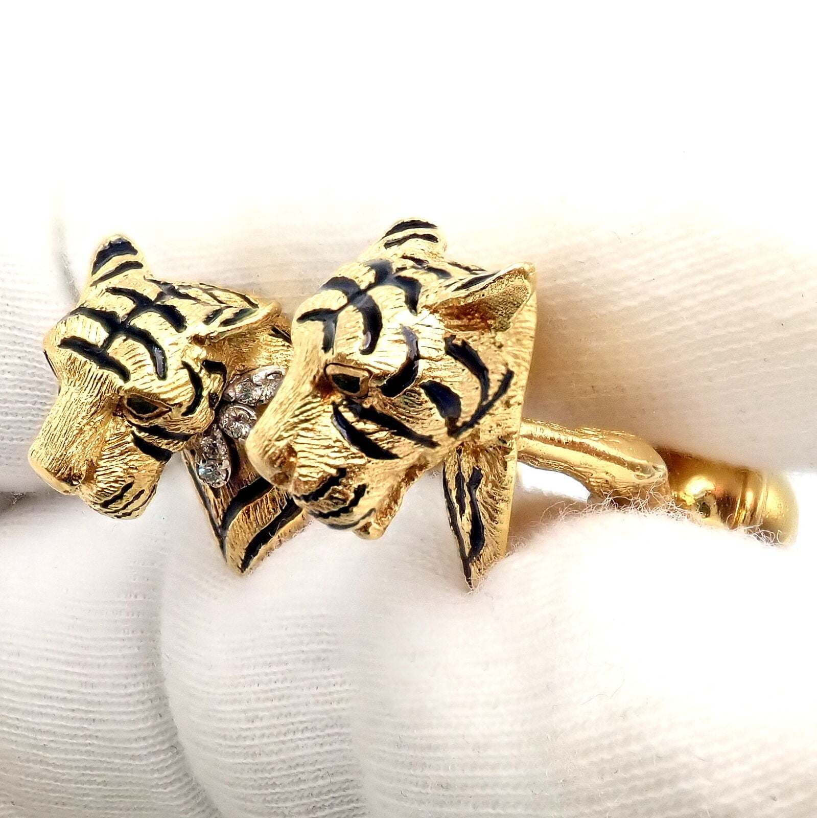 Rare! Tiffany & Co. 18k Yellow Gold Diamond Bengal Tiger Germany 1989 Cufflinks | Fortrove