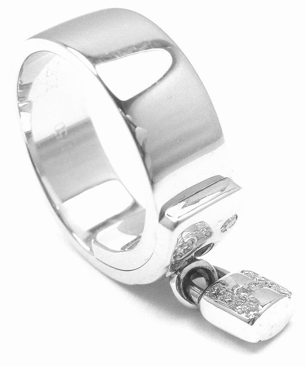 Authentic! Hermes 18k White Gold Diamond "H" Lock Band Ring Size 5 | Fortrove
