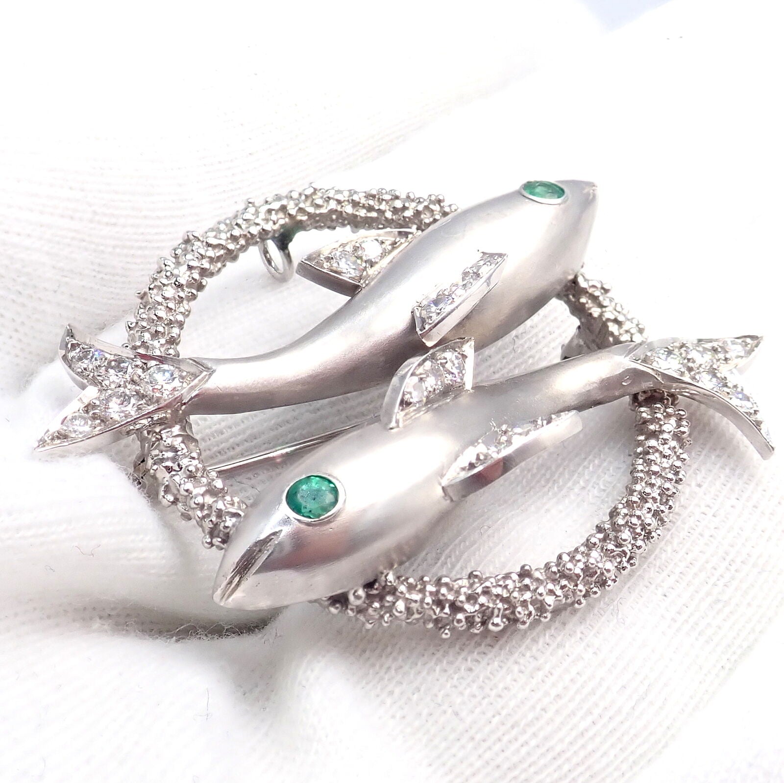 Cartier 18k White Gold Platinum Diamond Emerald Zodiac Pisces Fish Brooch Pin | Fortrove