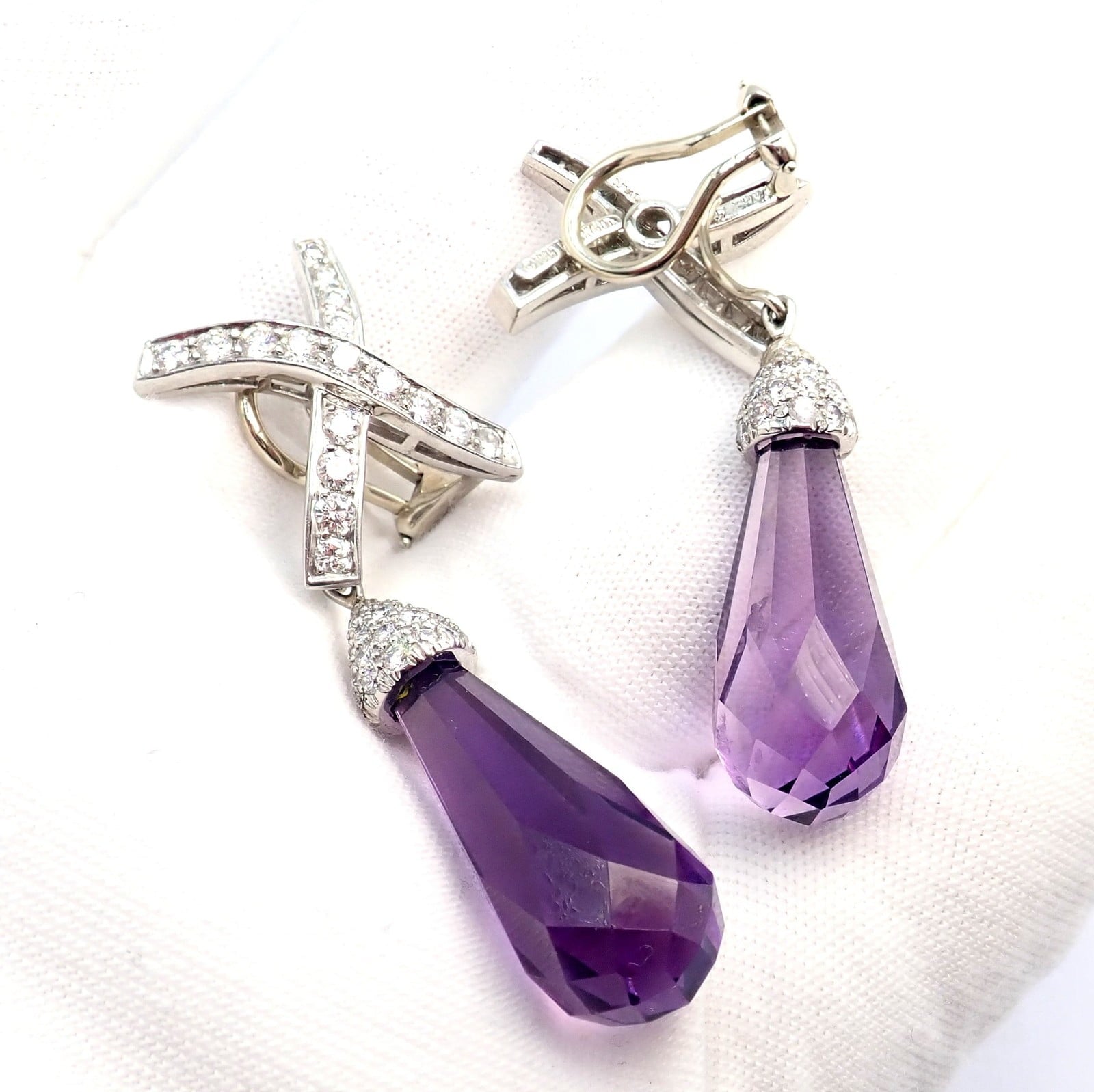 Tiffany & Co Picasso Platinum X Drop Diamond Amethyst Night + Day Earrings 1985 | Fortrove