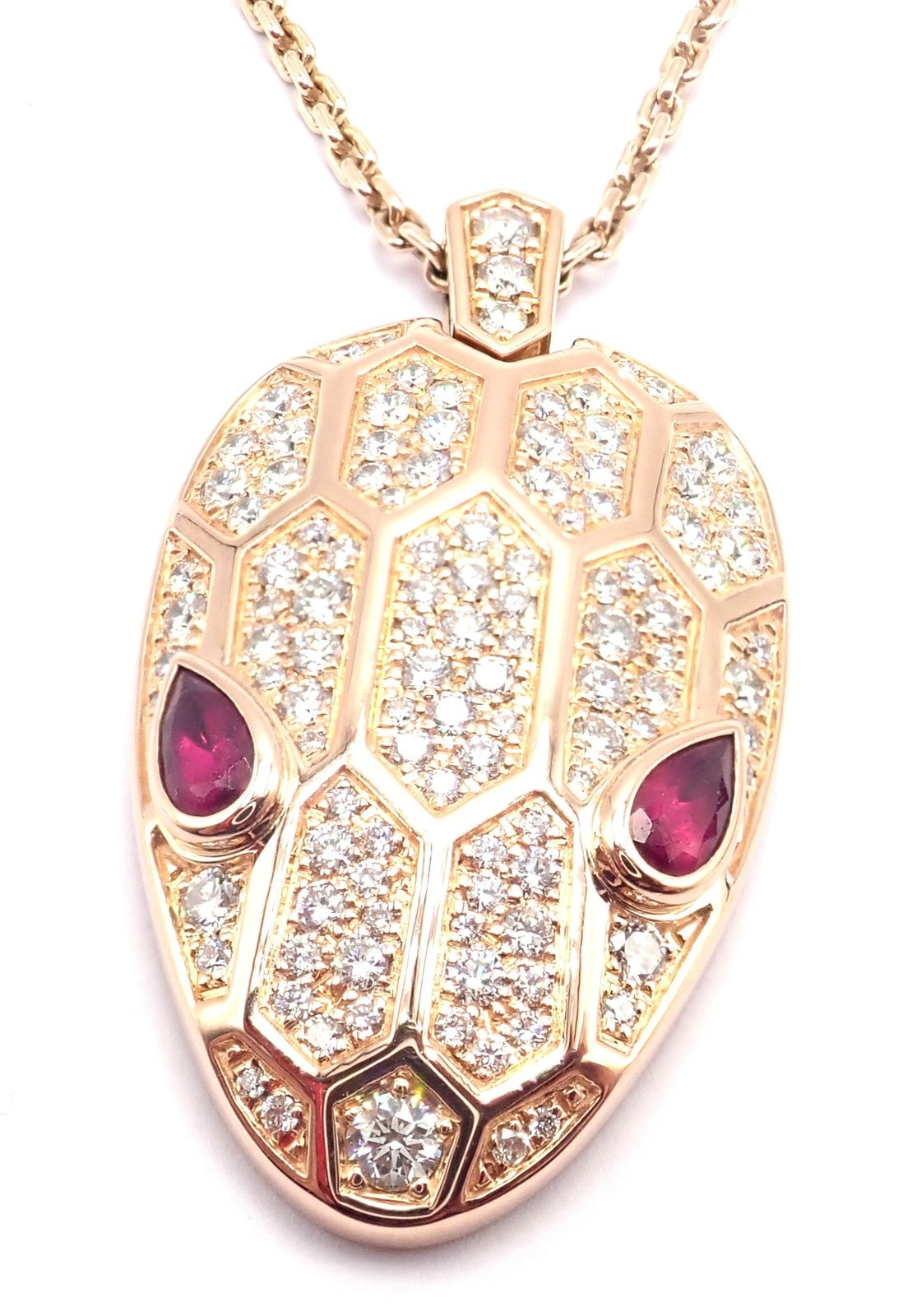 Authentic Bulgari Bvlgari Serpenti 18k Rose Gold Pave Diamond Rubellite Necklace | Fortrove