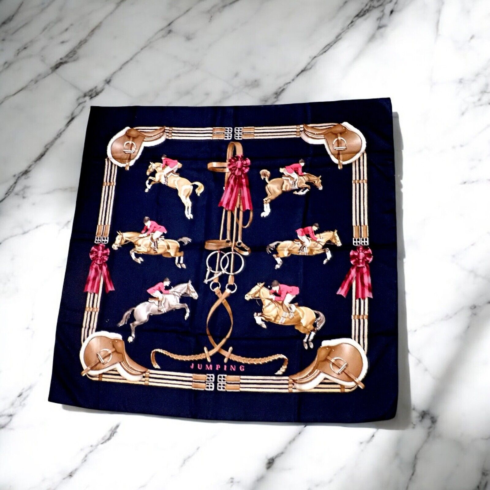 Hermes Clothing, Shoes & Accessories:Women:Women's Accessories:Scarves & Wraps Authentic RARE! Hermes Navy Blue Jumping Equestrian Vintage 90cm Silk Scarf