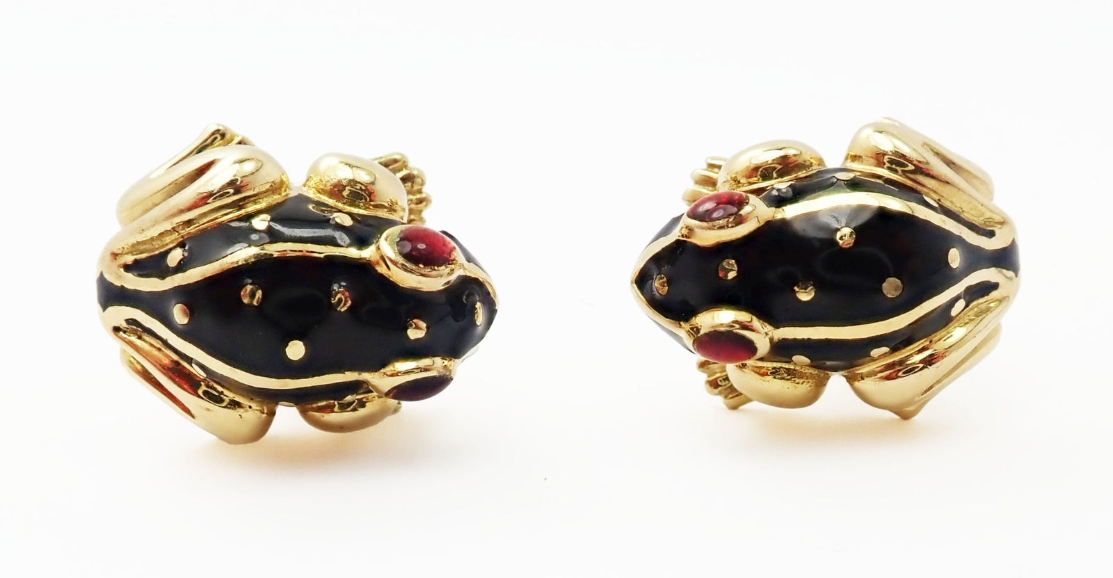 Authentic! Vintage David Webb 18k Yellow Gold Ruby Black Enamel Frog Cufflinks | Fortrove