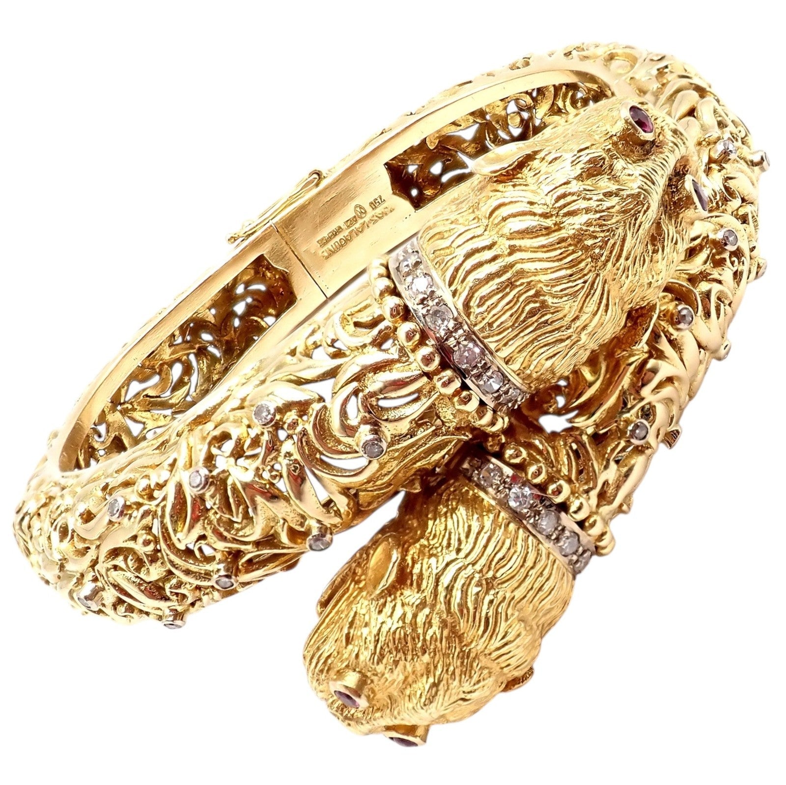 Rare Ilias Lalaounis 18k Yellow Gold Double Chimera Diamond Ruby Bangle Bracelet | Fortrove