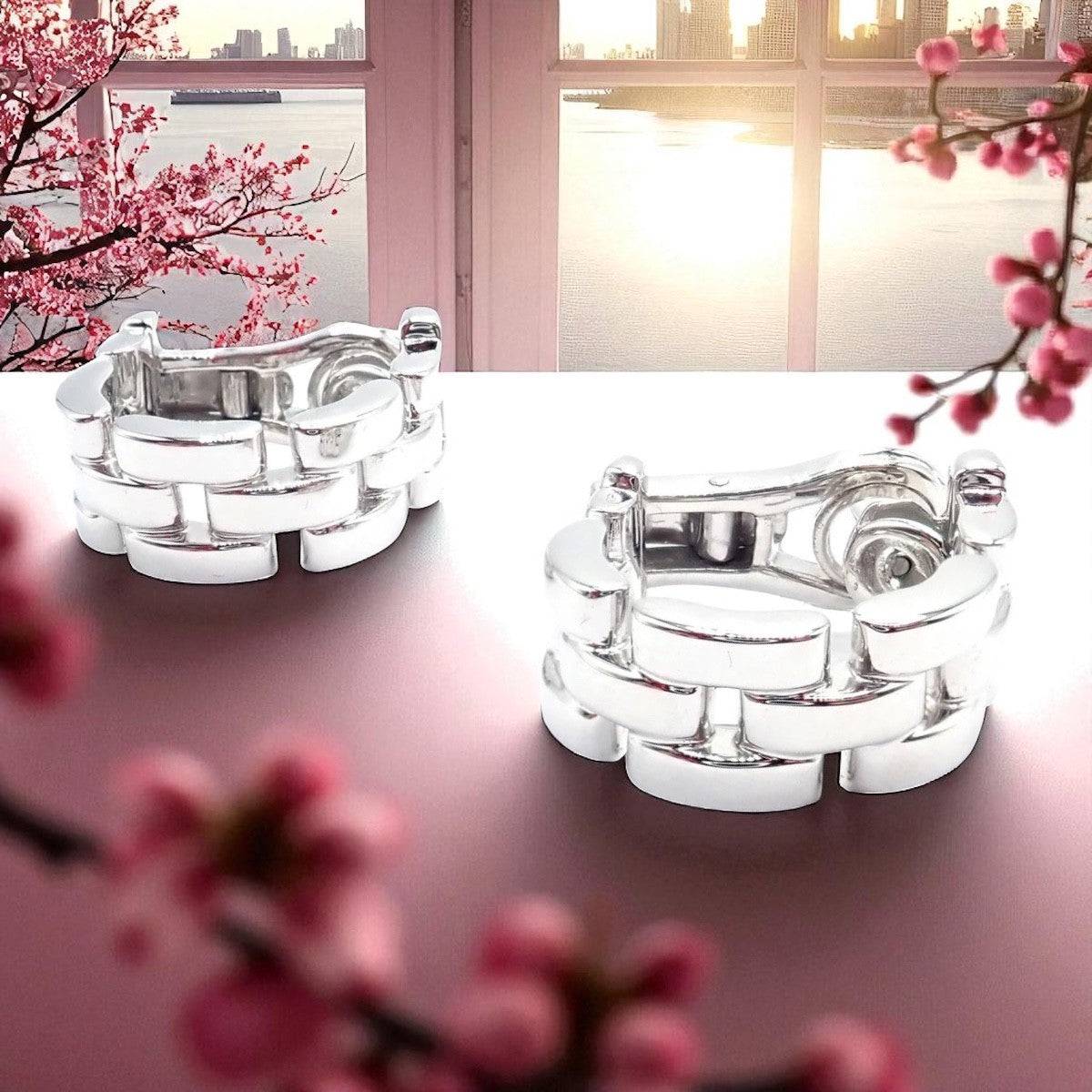 Authentic! Cartier Maillon Panthere 18K White Gold Three Row Link Hoop Earrings | Fortrove