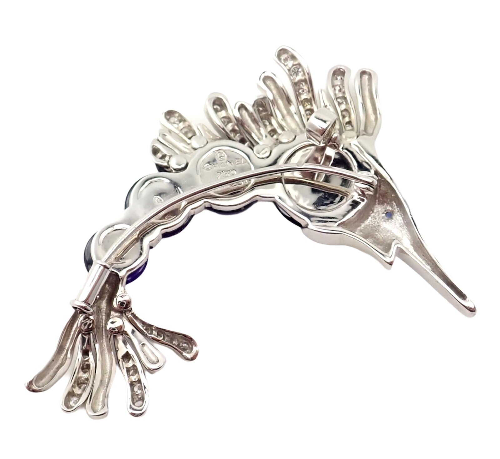Chanel 18k White Gold Amethyst Diamond Miami Marlin Fish Brooch Pendant | Fortrove