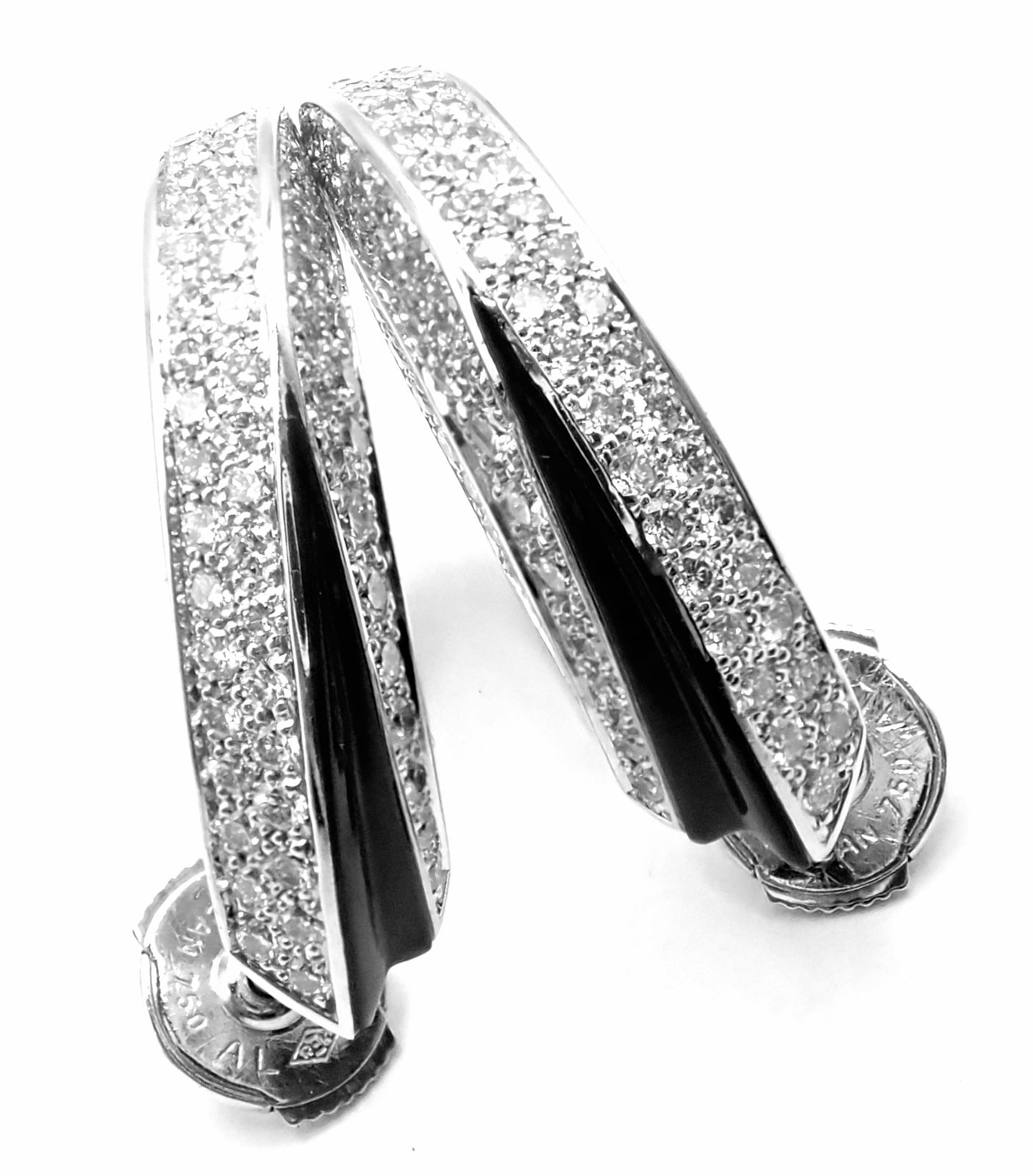 Authentic! Cartier Panthere 18k White Gold Diamond Onyx Hoop Earrings | Fortrove