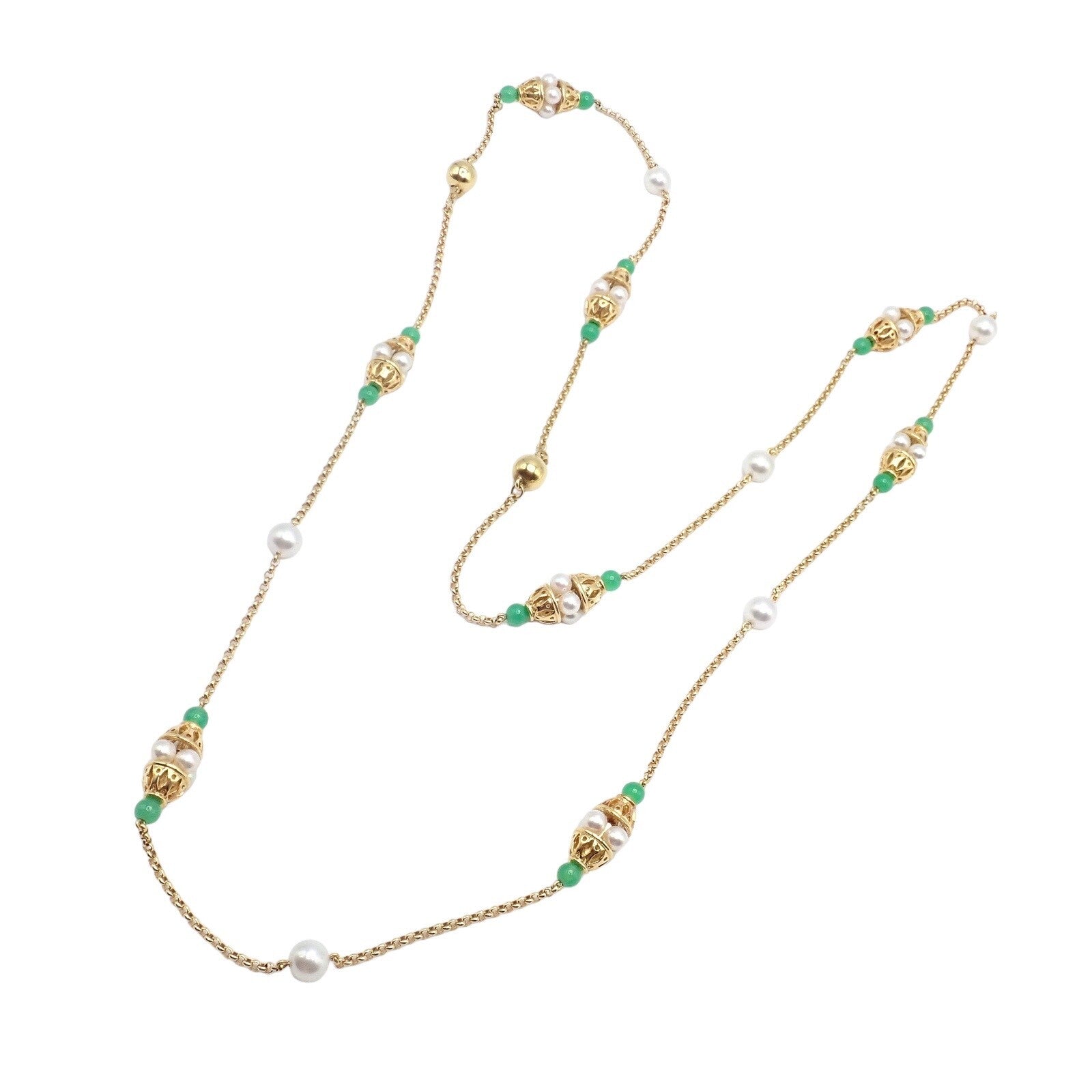 Vintage! Mikimoto 18k Yellow Gold Pearl Chalcedony 32" Long Necklace | Fortrove