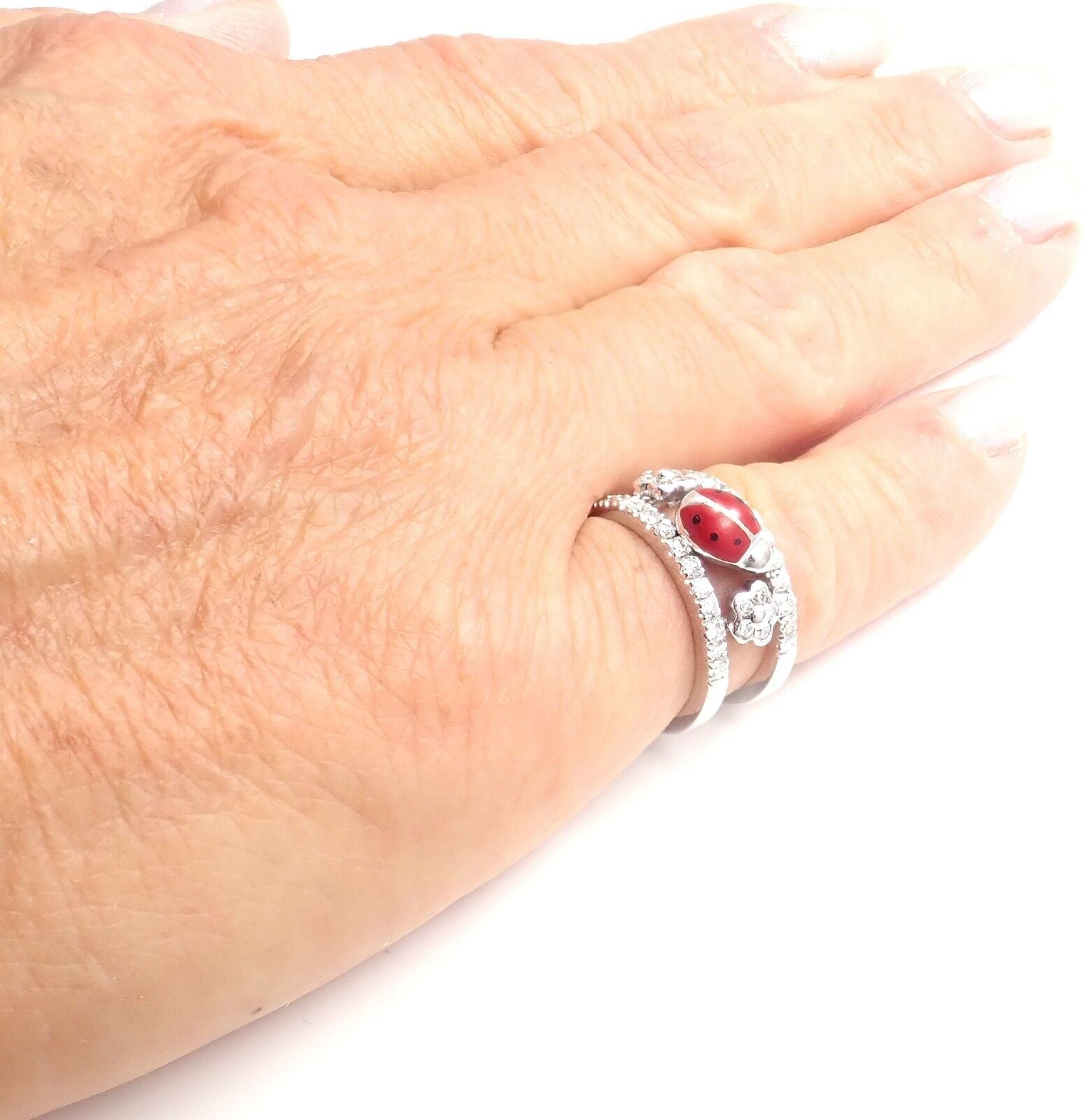 Authentic! Aaron Basha 18k White Gold Diamond Red Enamel Ladybug Band Ring | Fortrove