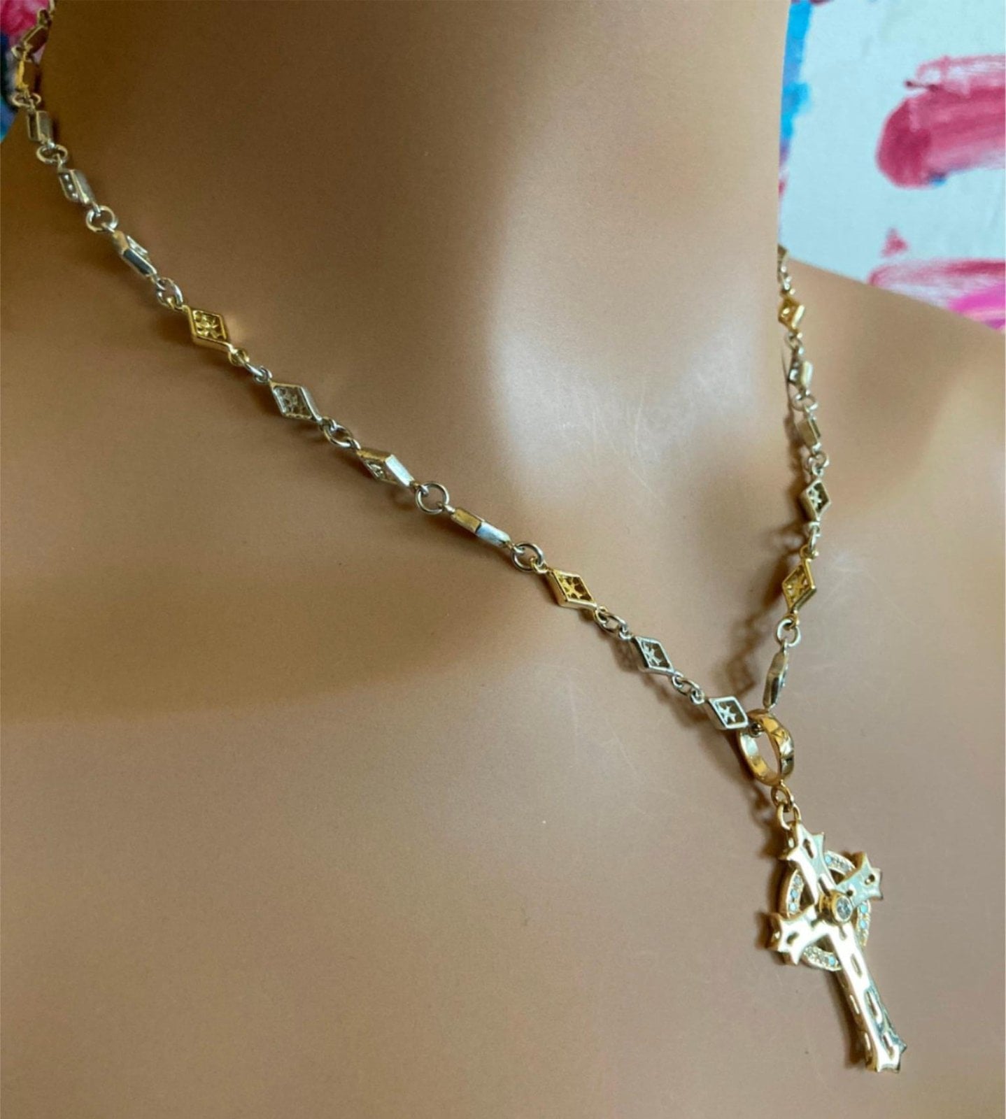 Authentic! Loree Rodkin 18k Yellow Gold + Silver Cross Diamond Necklac