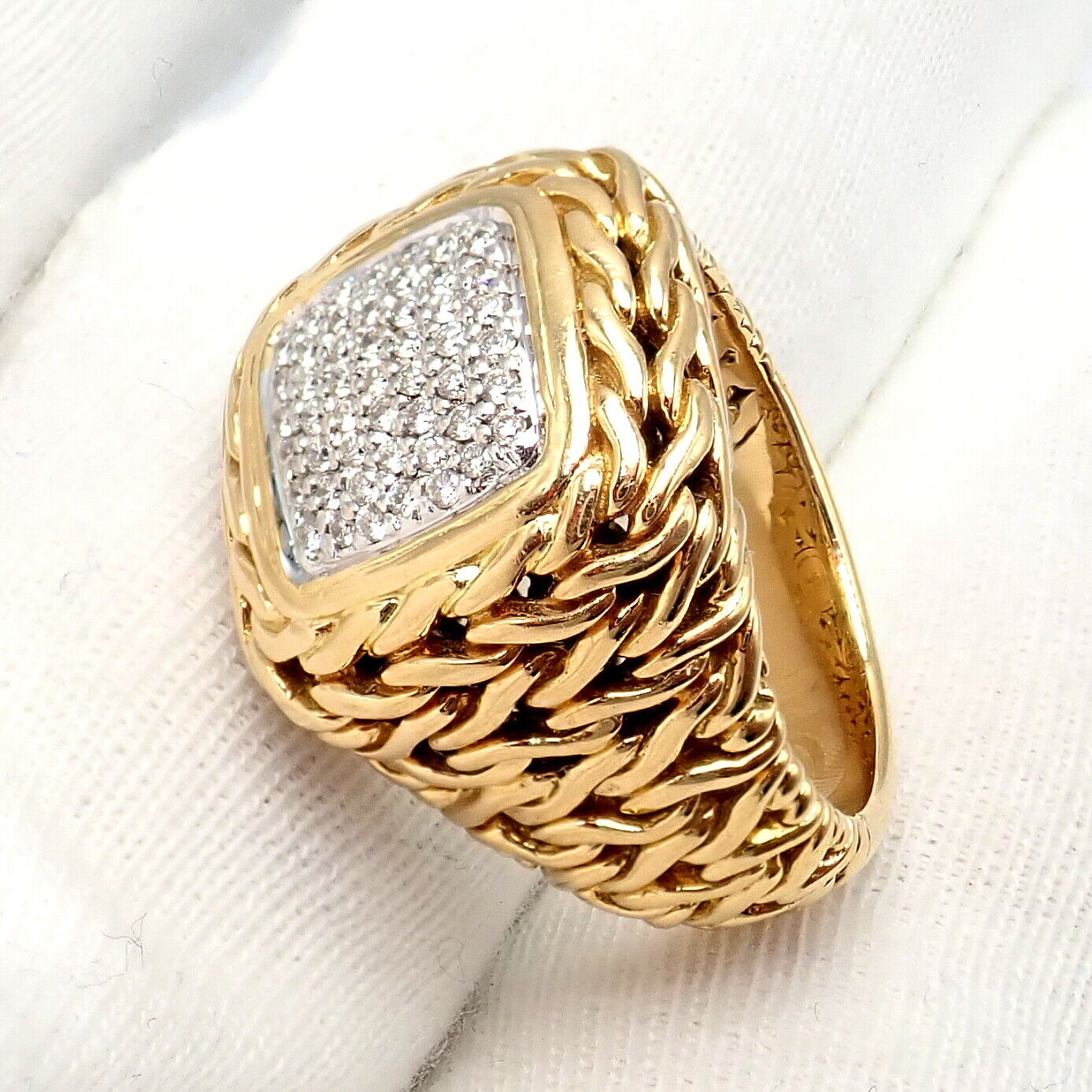 Authentic! John Hardy JH 18k Yellow Gold Diamond Square Signet Signature Ring | Fortrove