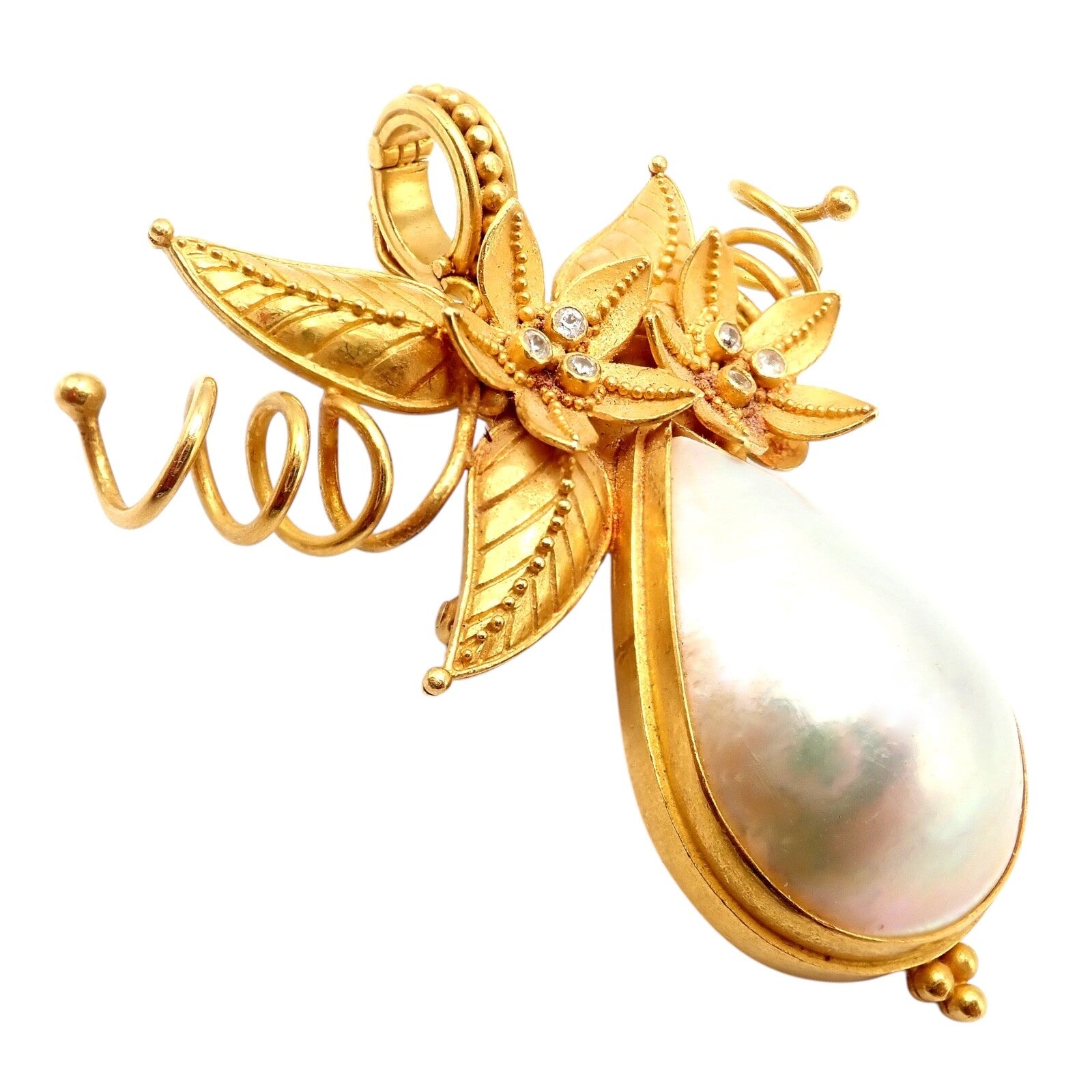 Vintage! Carolyn Tyler 22k Yellow Gold Mabe Pearl Diamond Pendant Pin Brooch | Fortrove