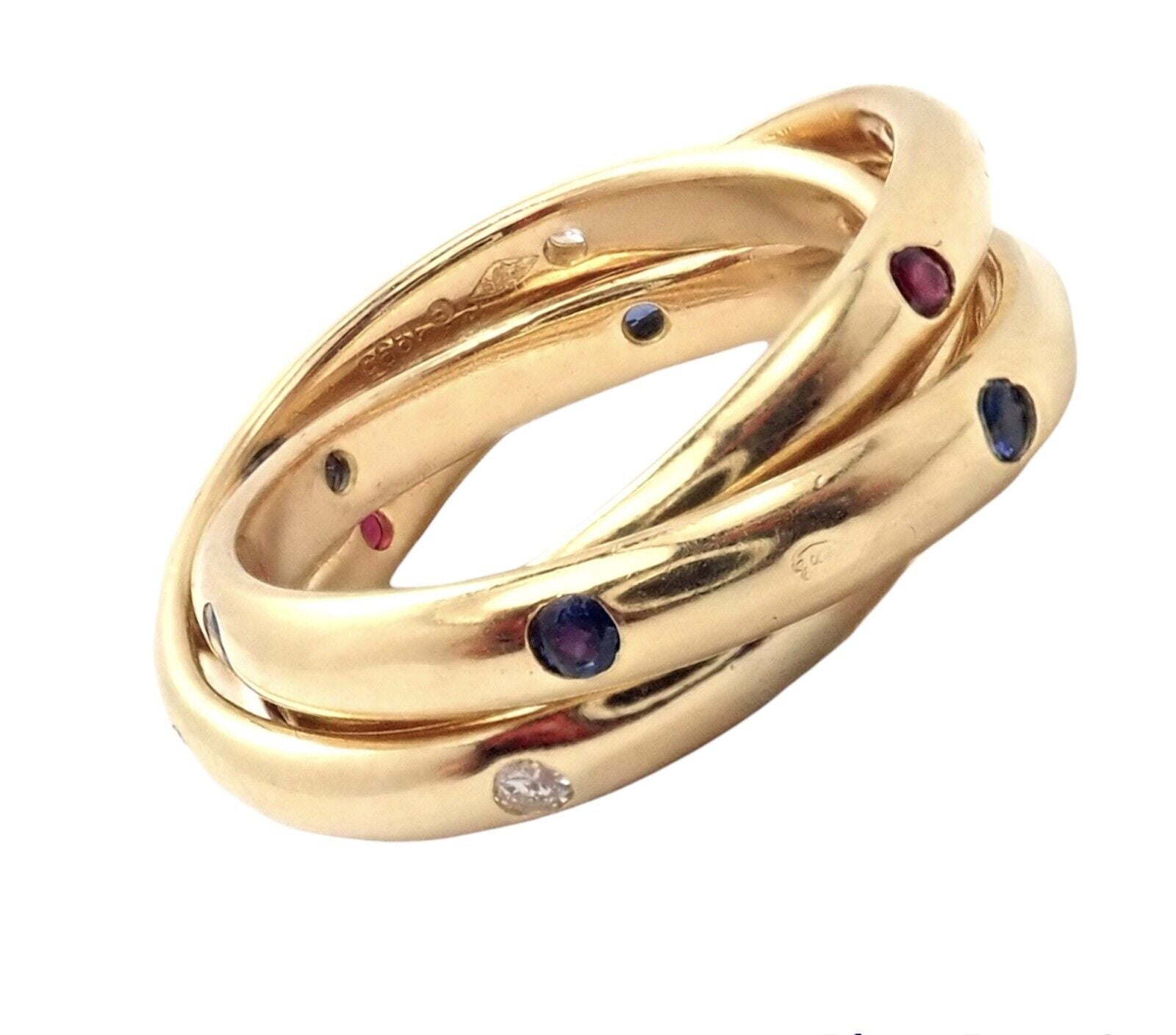 Authentic! Cartier 18k Yellow Gold Ruby Sapphire Diamond Trinity Band Ring 1995 | Fortrove