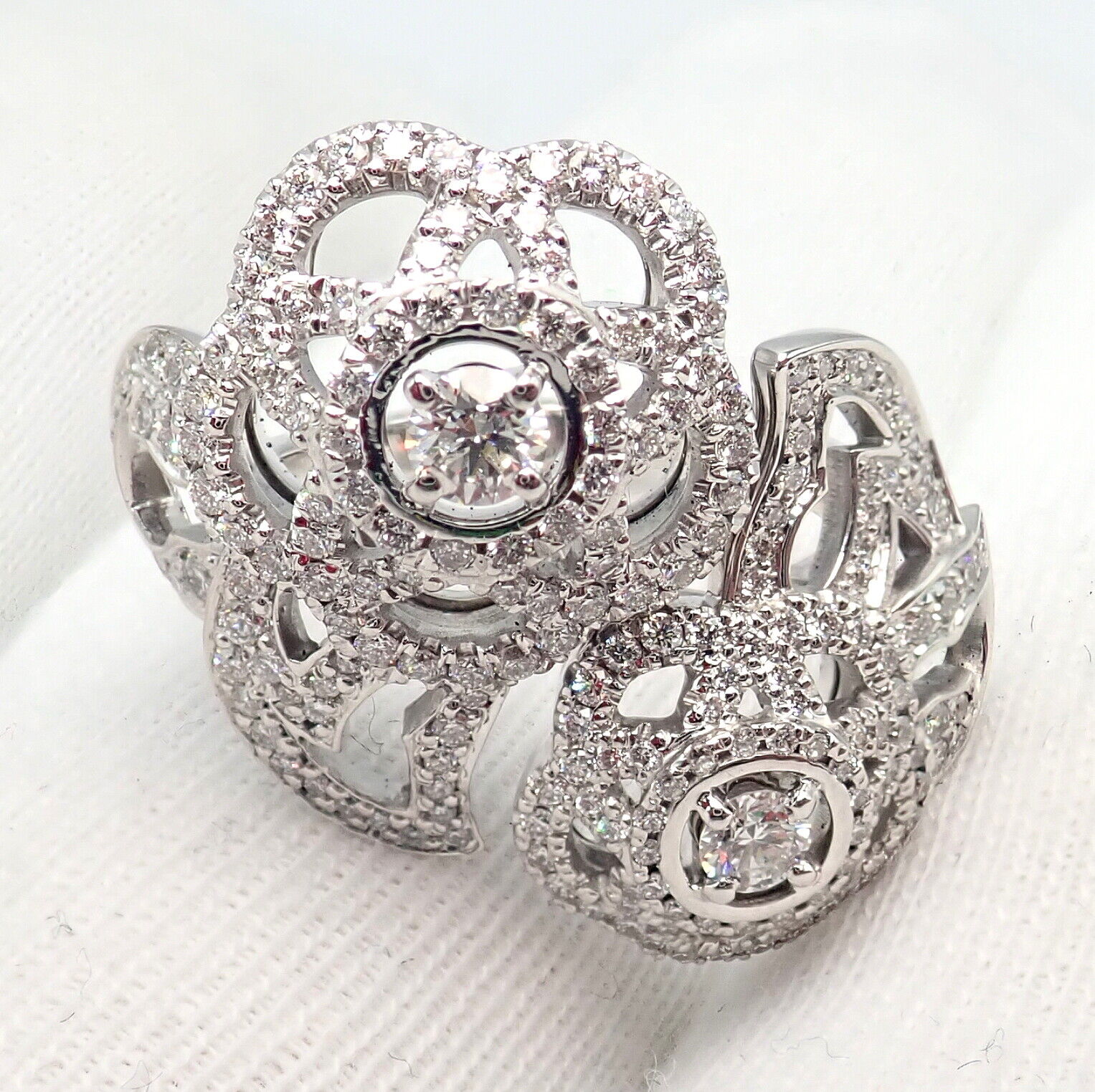 CHANEL Jewelry & Watches:Fine Jewelry:Rings Authentic! Chanel Camellia Two Flower 18k White Gold Diamond Ring