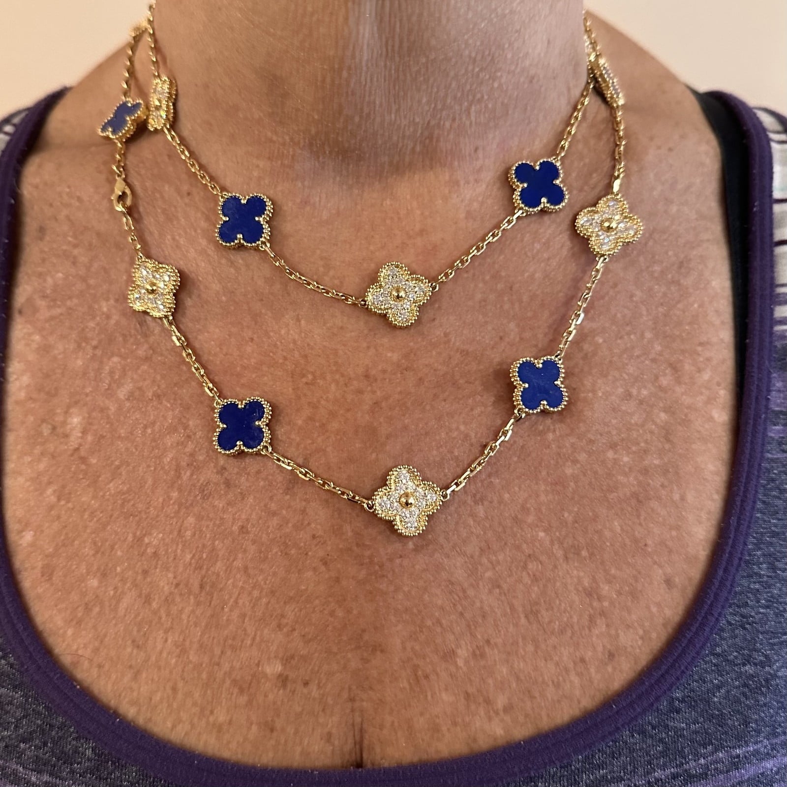 Van Cleef & Arpels Jewelry & Watches:Fine Jewelry:Necklaces & Pendants Van Cleef & Arpels 18k Yellow Gold 20 Motif Alhambra Diamond Lapis Necklace