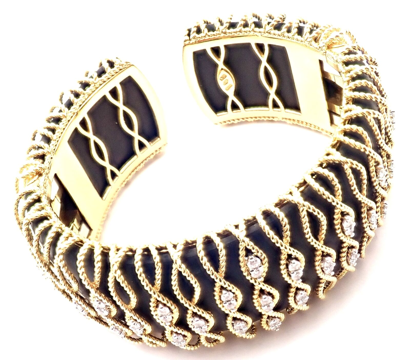 Authentic! Roberto Coin 18k Yellow Gold Diamond Ebony Wood Cuff Bangle Bracelet | Fortrove