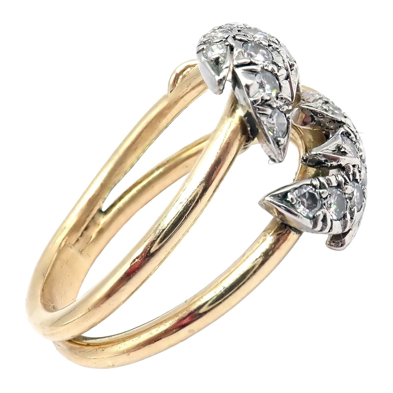 Authentic! Tiffany & Co. Schlumberger Diamond Yellow Gold Platinum Two Leaf Ring | Fortrove