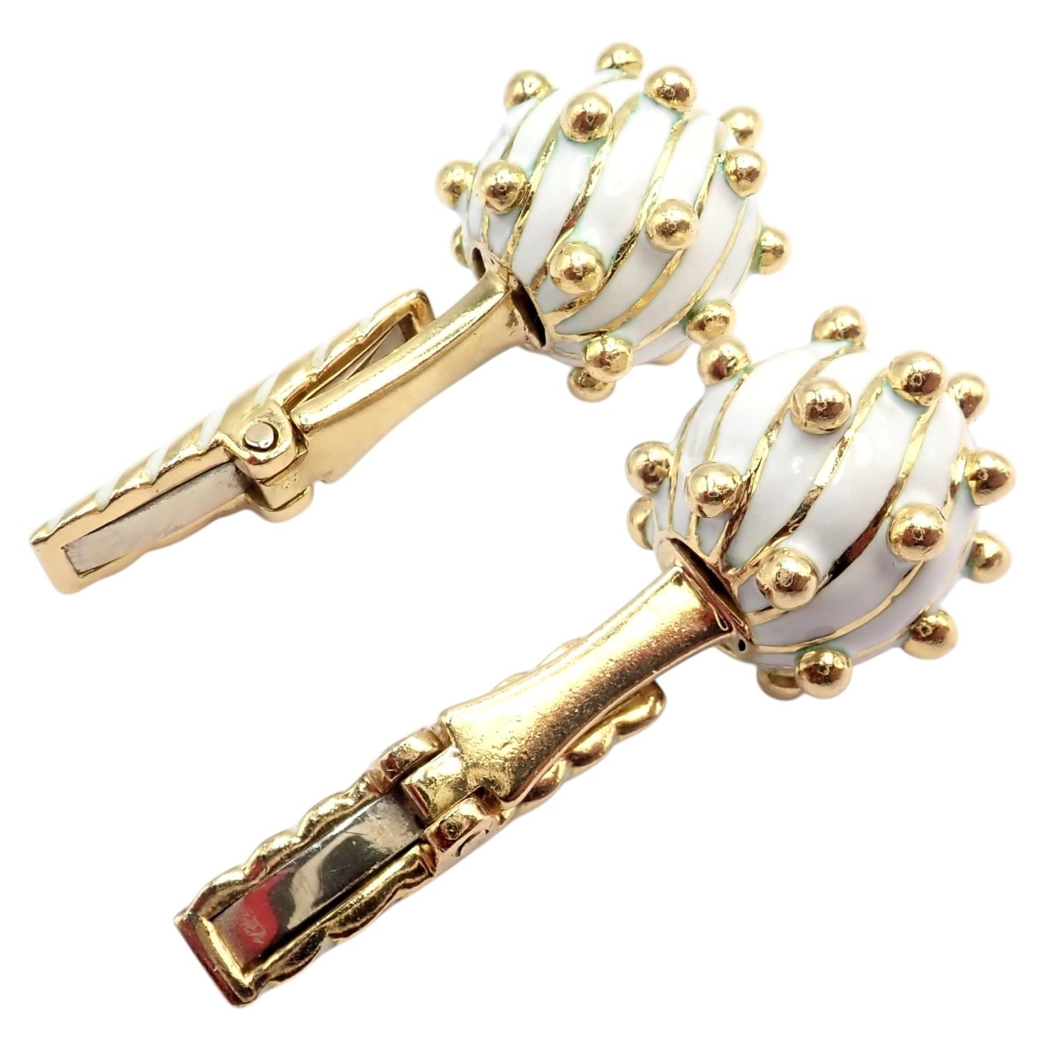 Vintage! David Webb 18k Yellow Gold White Enamel Ball Spike Cufflinks | Fortrove