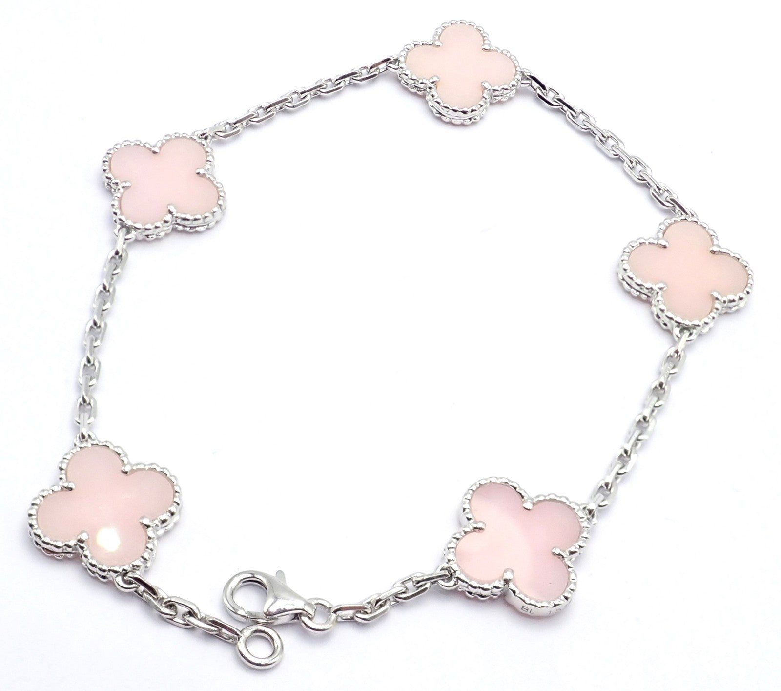 Authentic! Van Cleef & Arpels Alhambra 18k White Gold Pink Opal