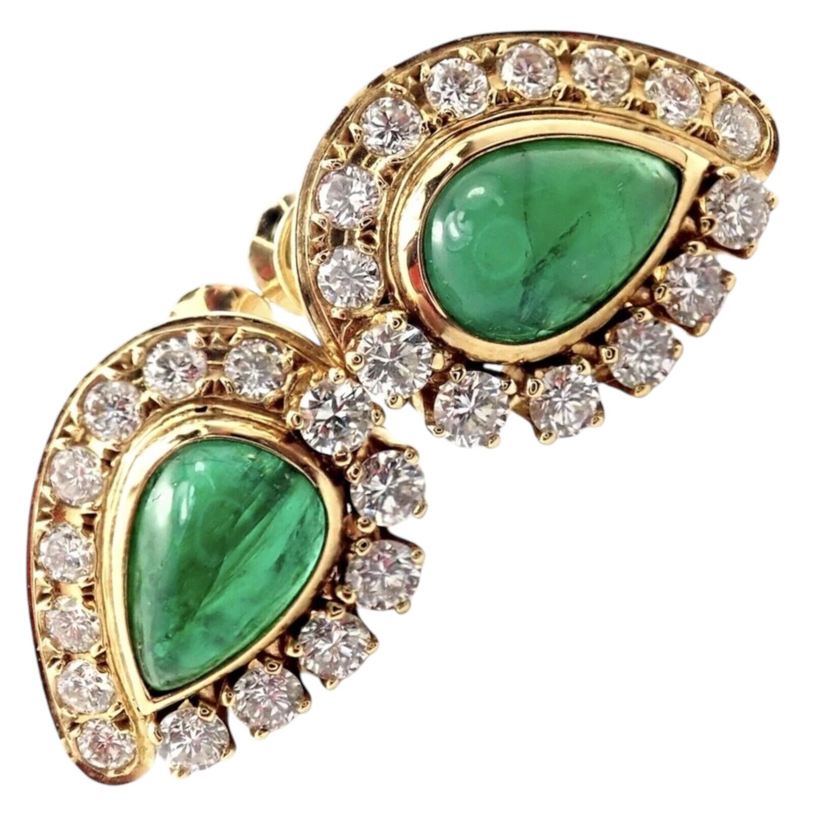 Authentic! Mikimoto 18k Yellow Gold Diamond Teardrop Emerald Screw Back Earrings | Fortrove