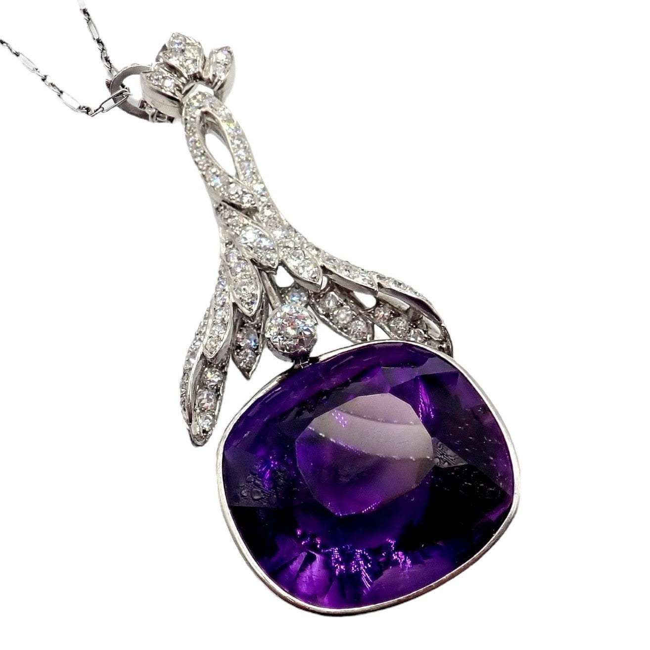 Estate Jewelry & Watches:Fine Jewelry:Necklaces & Pendants Vintage Estate Platinum Diamond Large Amethyst Art Deco Necklace